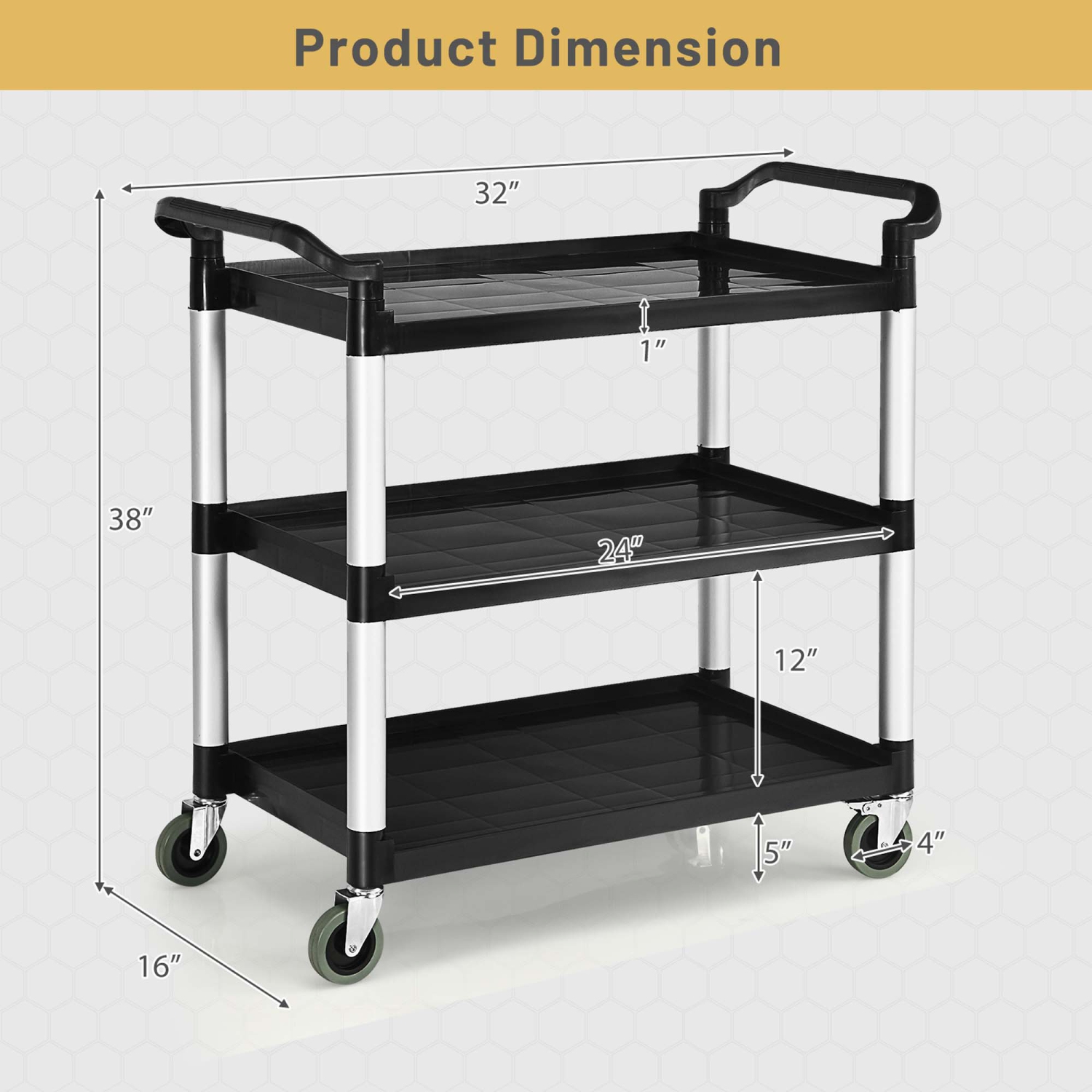 Costway 3-Shelf Service Cart Aluminum Frame 490lbs Capacity with Casters & Handles