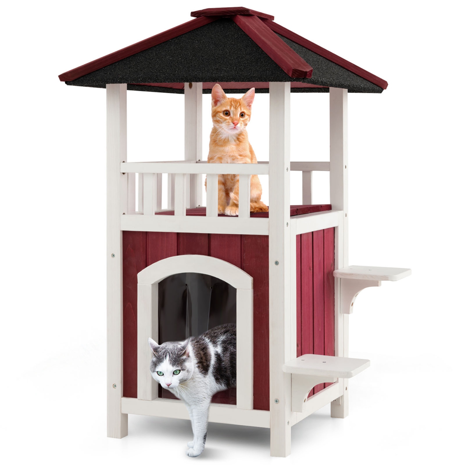 Costway Outdoor Cat House 2-Story Wooden Cat Shelter with Asphalt Roof Removable Floor