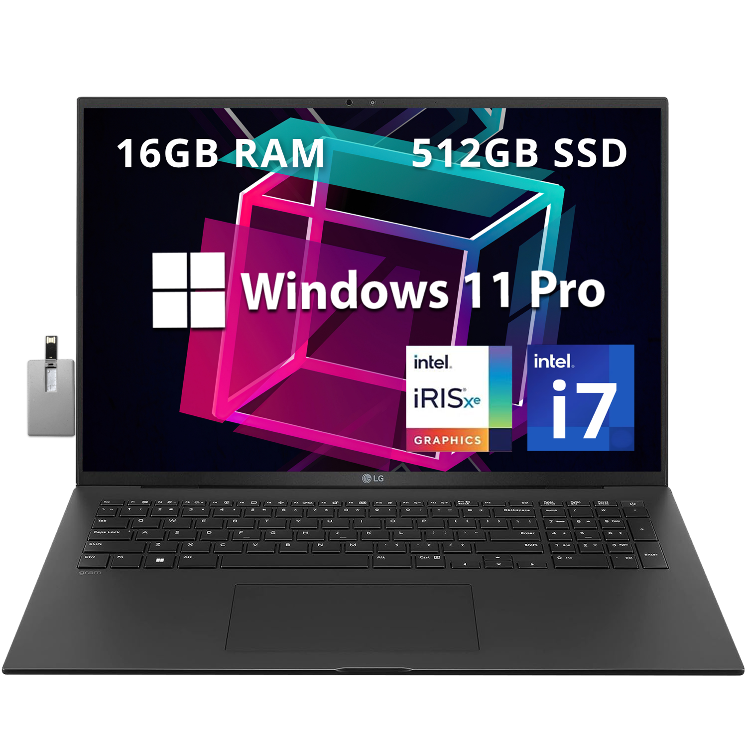 LG gram 17" WQXGA Business Laptop, 13th Gen Intel i7-1360P, 512GB PCIe SSD, 16GB LPDDR4X RAM, Intel Iris Xe Graphics, Windows 11 Pro, Black, 32GB Hotface USB Card