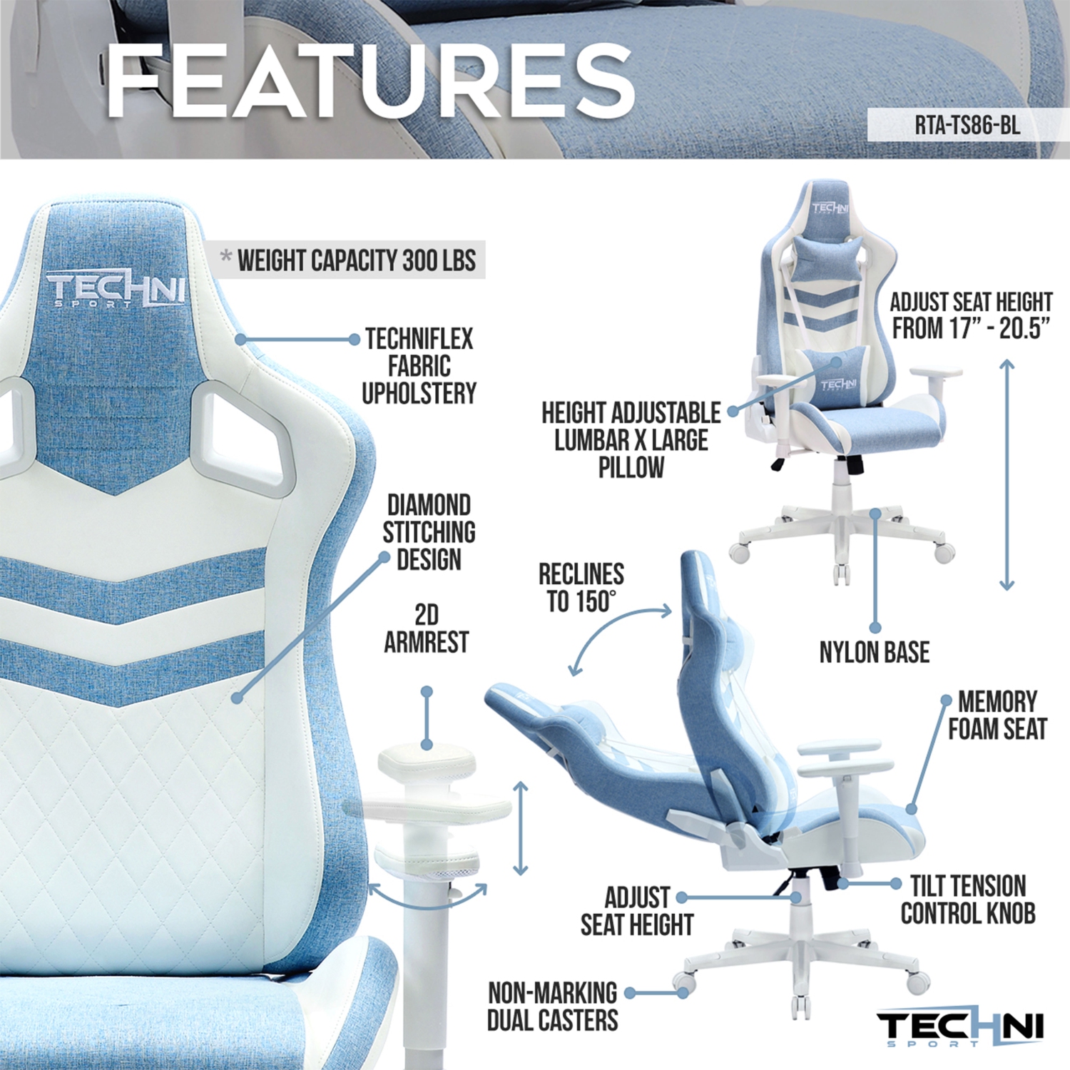 Techni Sport TS86 Ergonomic Pastel Gaming Chair- Blue