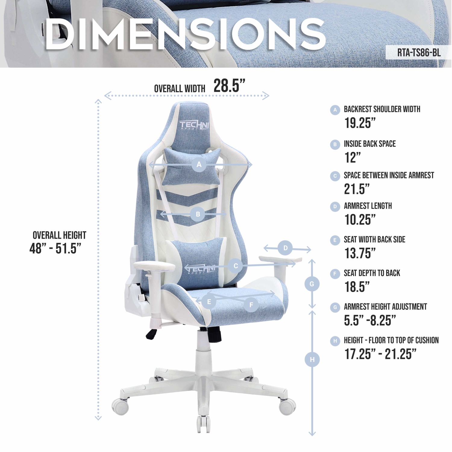Techni Sport TS86 Ergonomic Pastel Gaming Chair- Blue