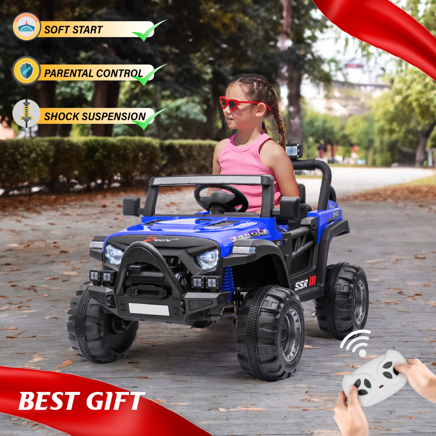 12V Jeep with Angry Face Grill Kids Ride On Car Toy with Lights and Remote Control