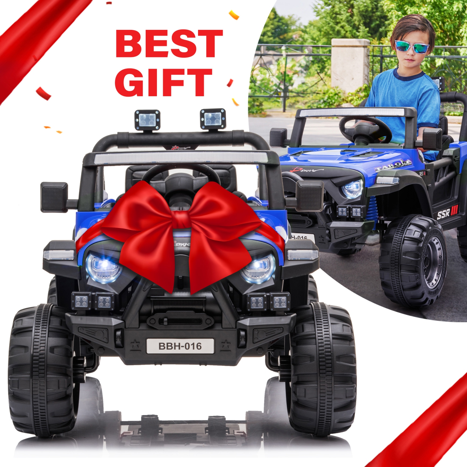 12V Jeep with Angry Face Grill Kids Ride On Car Toy with Lights and Remote Control