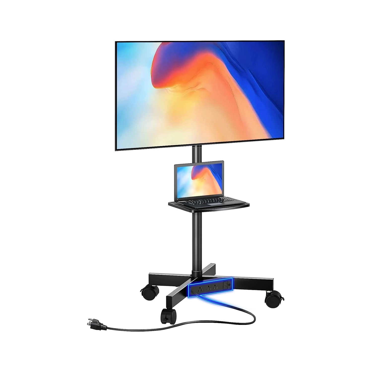 Chariot pour téléviseur mobile avec prise de courant, meuble à roulettes pour téléviseur plat et incurvé de 23-60 po, hauteur réglable, tablette AV,