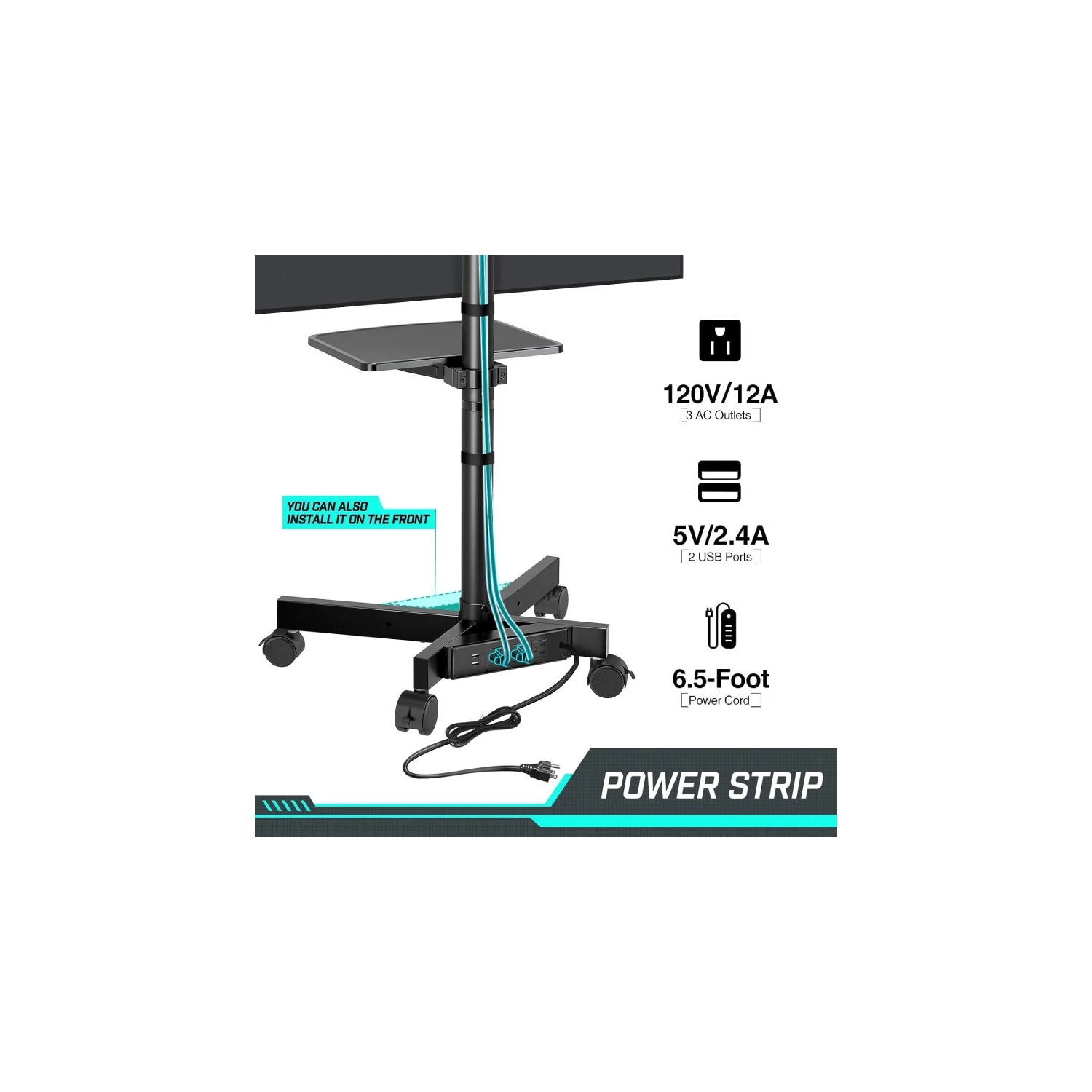 Chariot pour téléviseur mobile avec prise de courant, meuble à roulettes pour téléviseur plat et incurvé de 23-60 po, hauteur réglable, tablette AV,