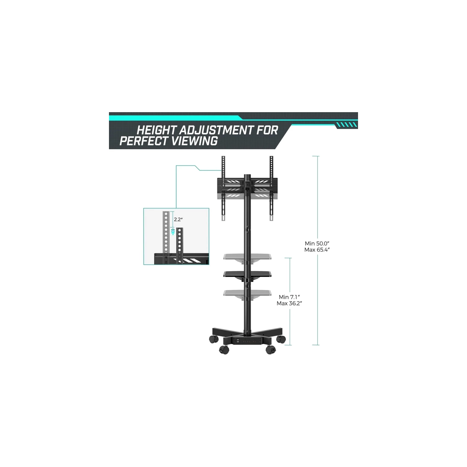 Chariot pour téléviseur mobile avec prise de courant, meuble à roulettes pour téléviseur plat et incurvé de 23-60 po, hauteur réglable, tablette AV,