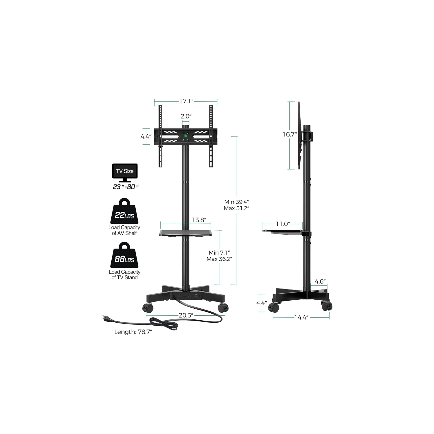 Chariot pour téléviseur mobile avec prise de courant, meuble à roulettes pour téléviseur plat et incurvé de 23-60 po, hauteur réglable, tablette AV,