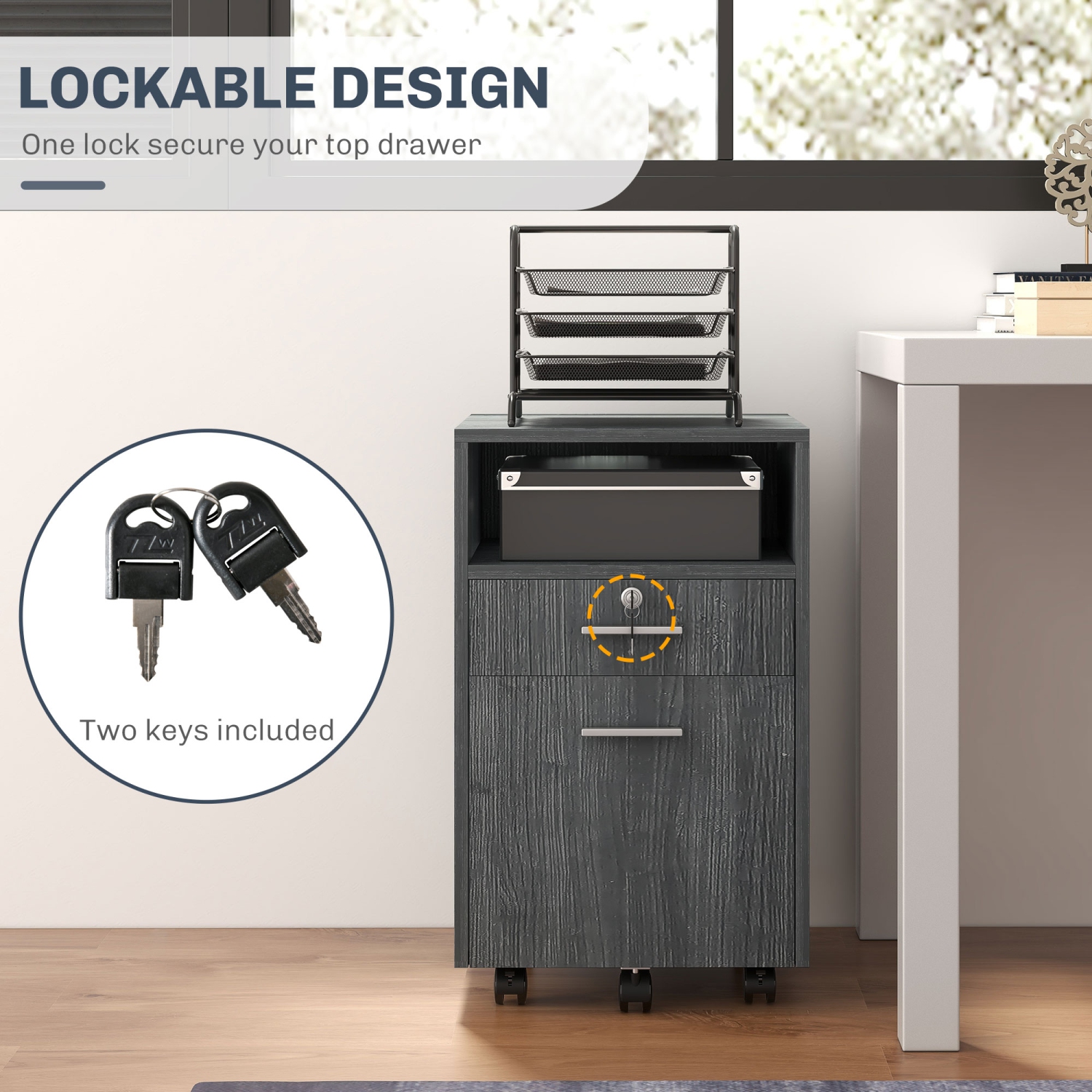 Vinsetto – Classeur à 2 tiroirs avec verrou, classeur vertical avec roulettes, classeur mobile pour A4, format lettre, gris