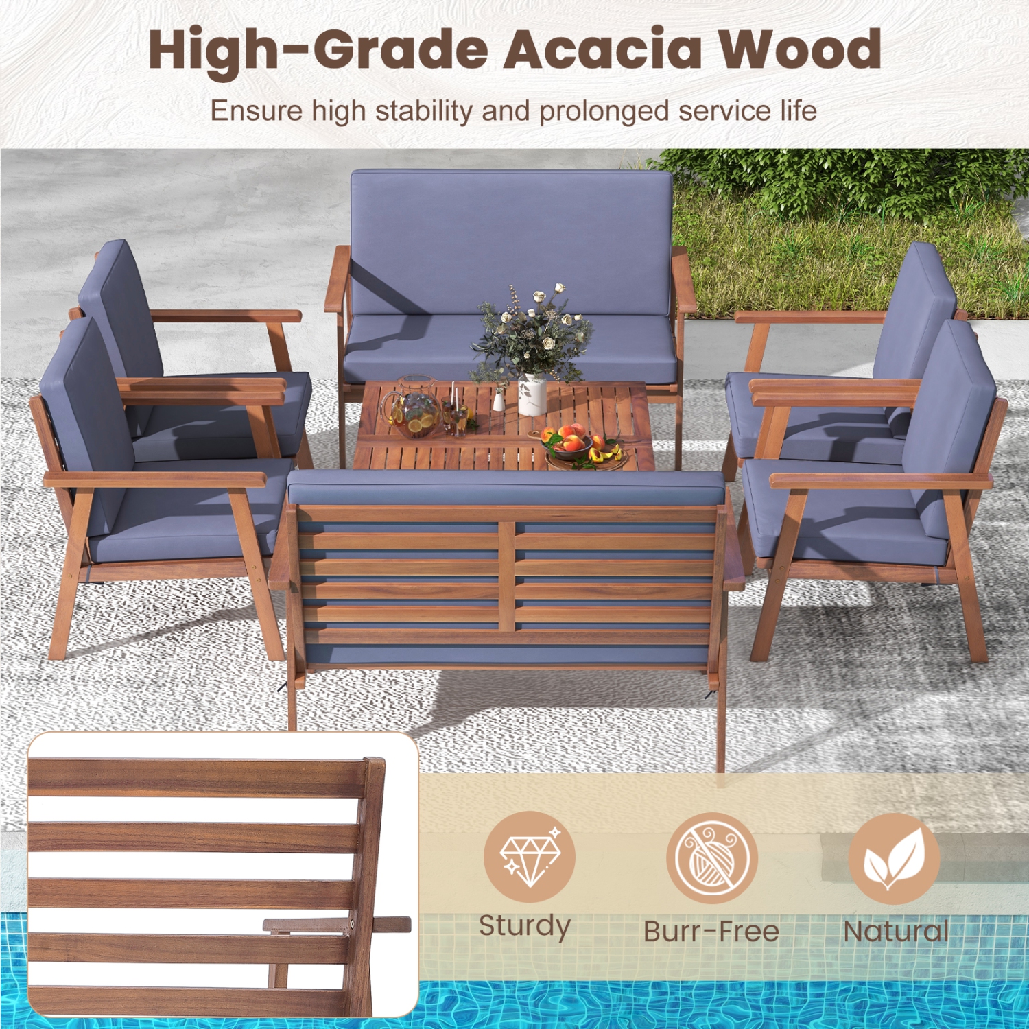 Costway 8 PCS Patio Conversation Set Acacia Wood Sofa Coffee Table with Cushioned Seat