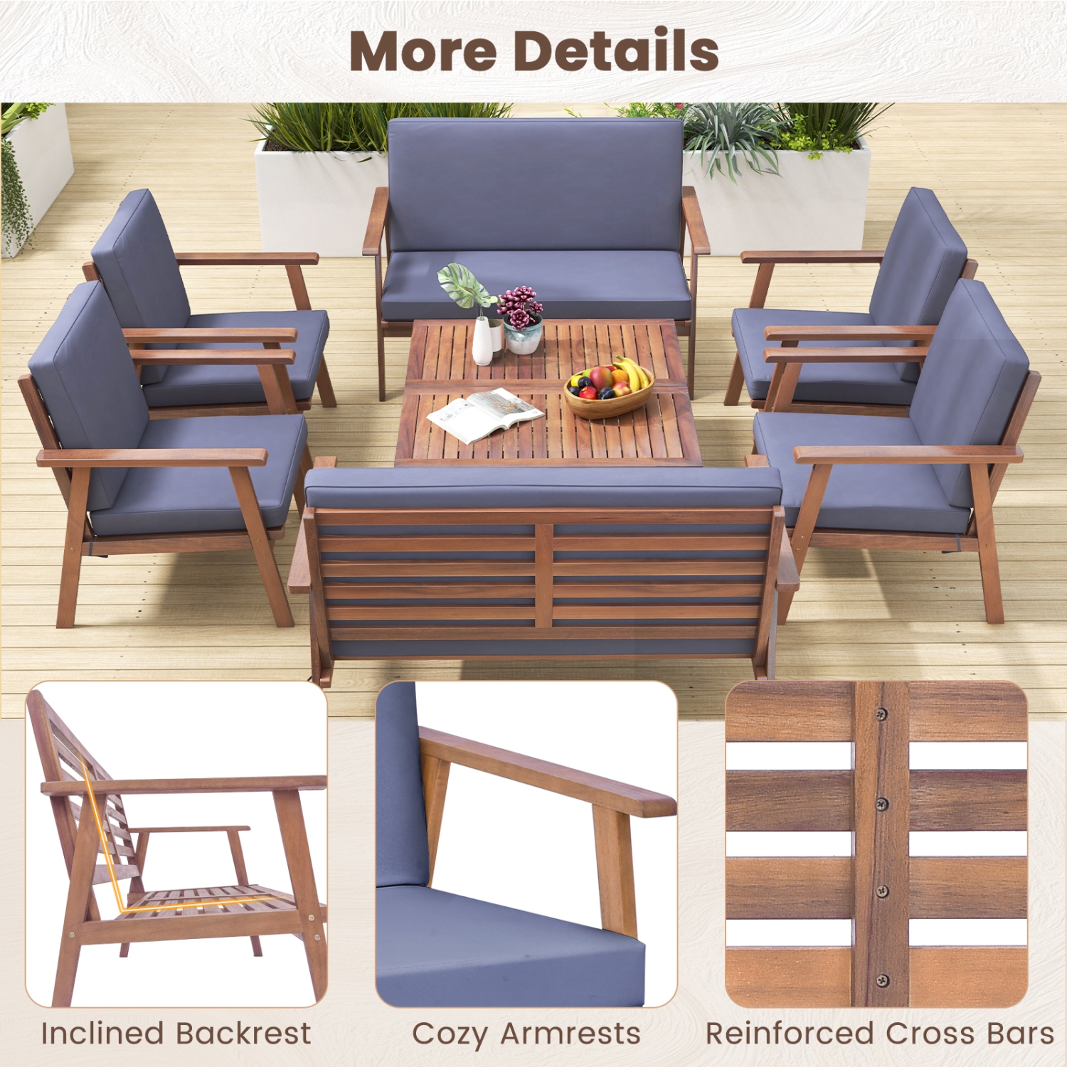 Costway 8 PCS Patio Conversation Set Acacia Wood Sofa Coffee Table with Cushioned Seat