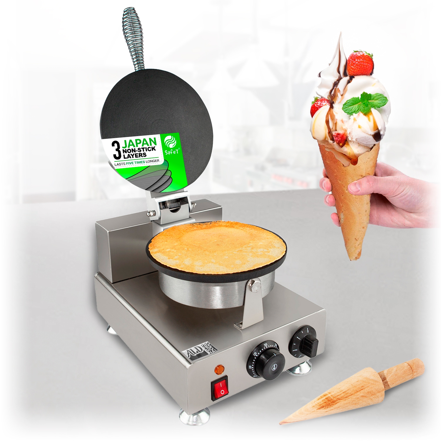 AP-598 Waffle Cone Maker | Electric Ice Cream Cone Maker | Stainless Steel | Non-stick | Manual Control | 110V