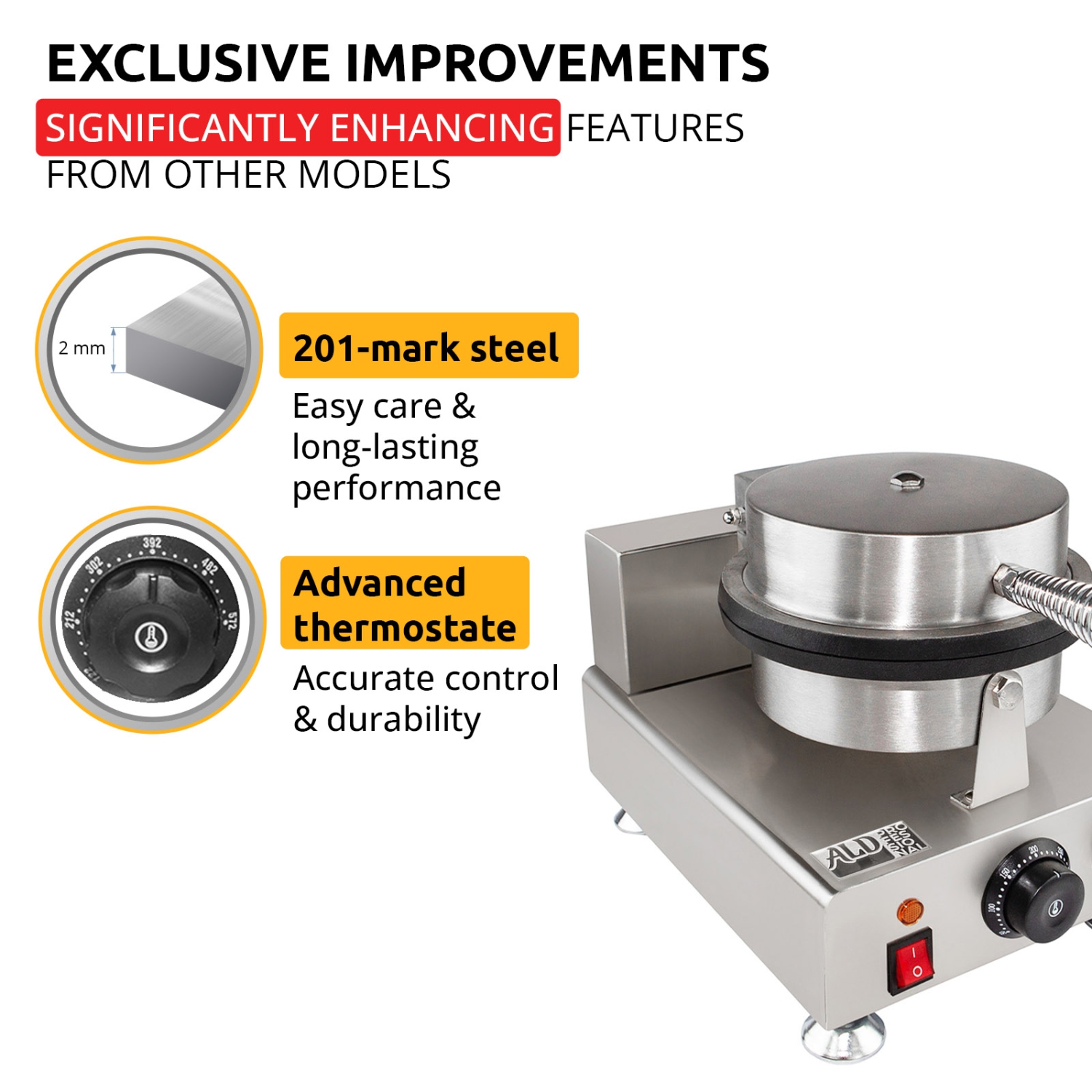 AP-598 Waffle Cone Maker | Electric Ice Cream Cone Maker | Stainless Steel | Non-stick | Manual Control | 110V