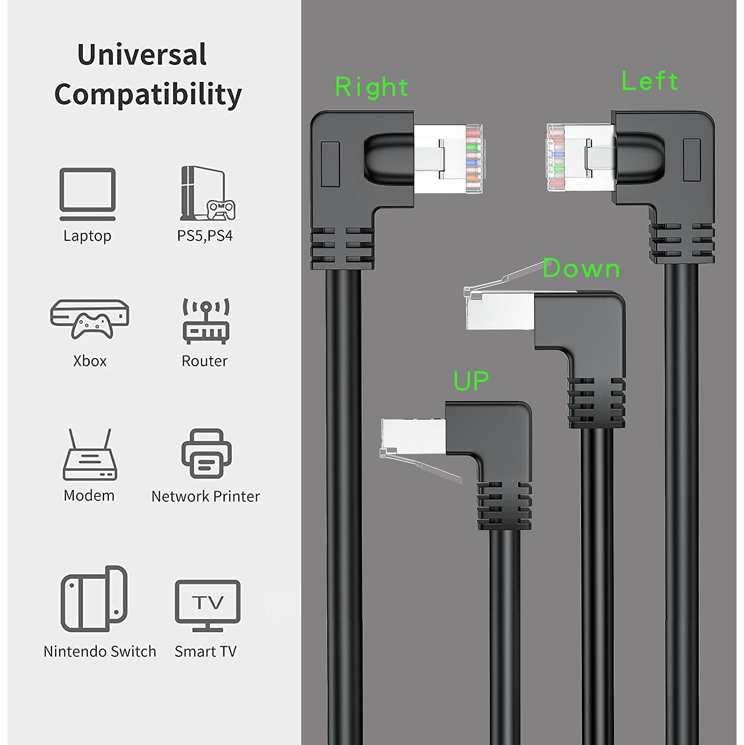 CAT6 Shielded Ethernet Patch Cable 90 Degree Right Angle rightward,FTP RJ45 Gigabit Network Cord,Cat 6 High