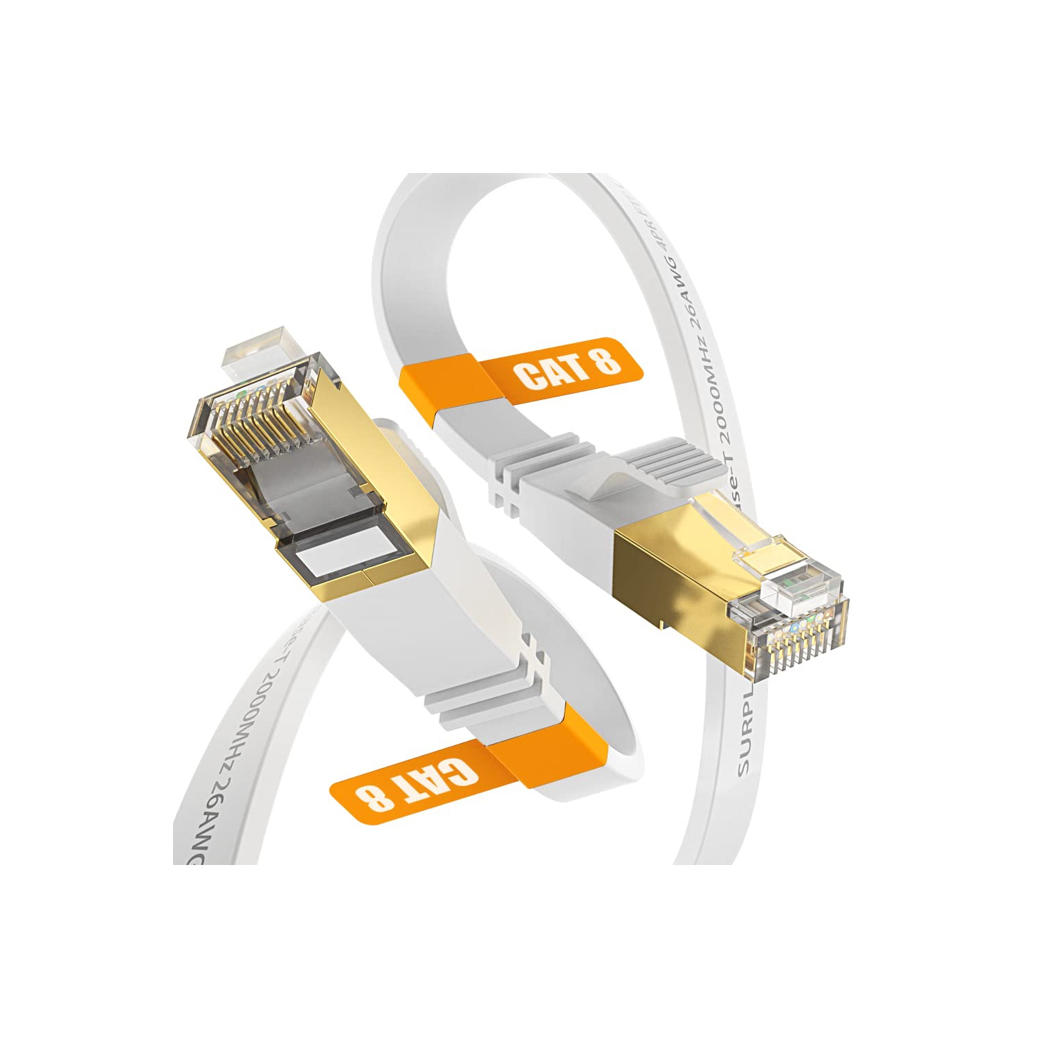 Cat8 Ethernet Cable 10FT-White-40Gbps Solid Conductor & Shielded & Ground Wire Internet Network Flat Cord,Gold-Plated