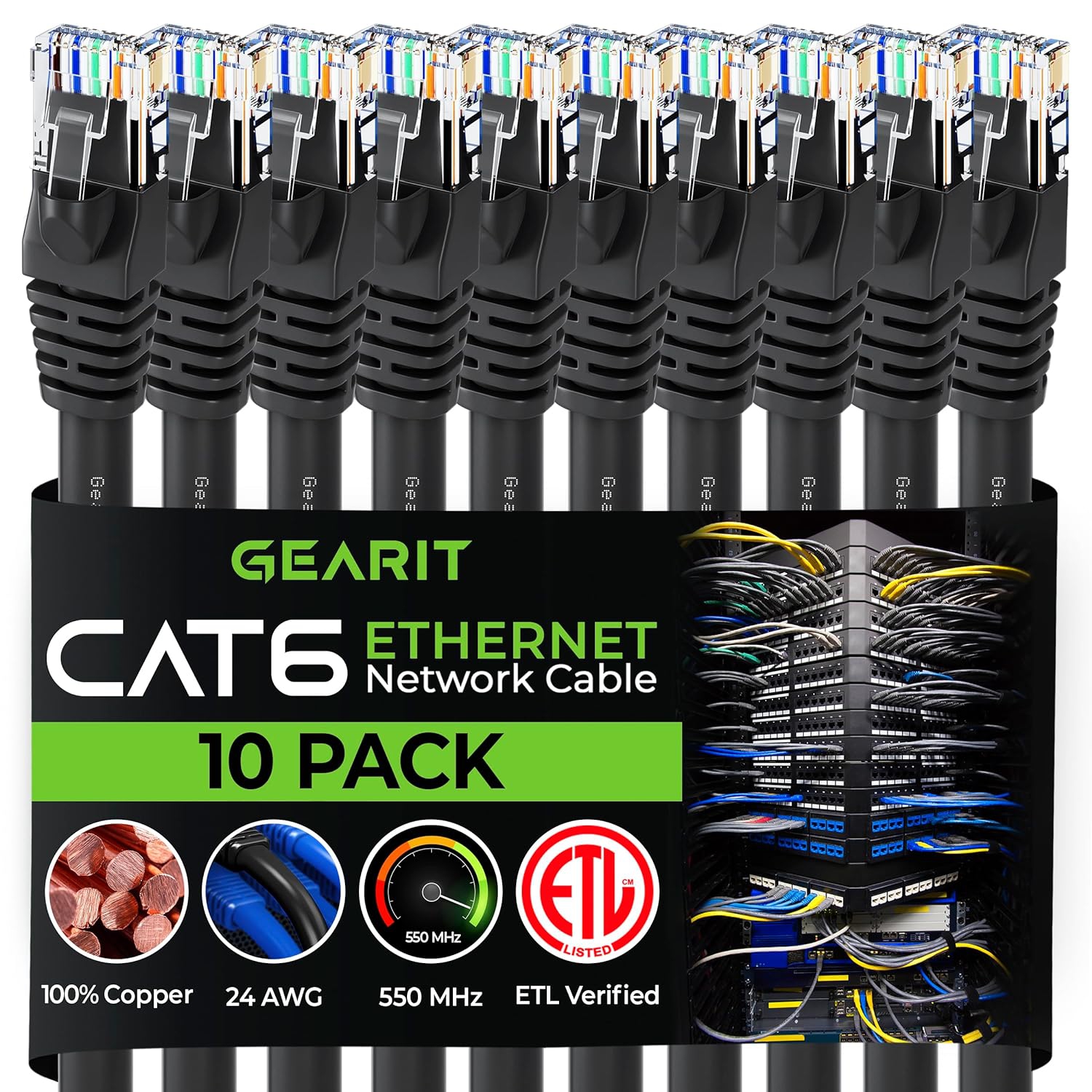 10 Pack, Cat 6 Ethernet Cable Cat6 Snagless Patch 1 Foot - Computer LAN Network Cord, Black - Compatible with 10