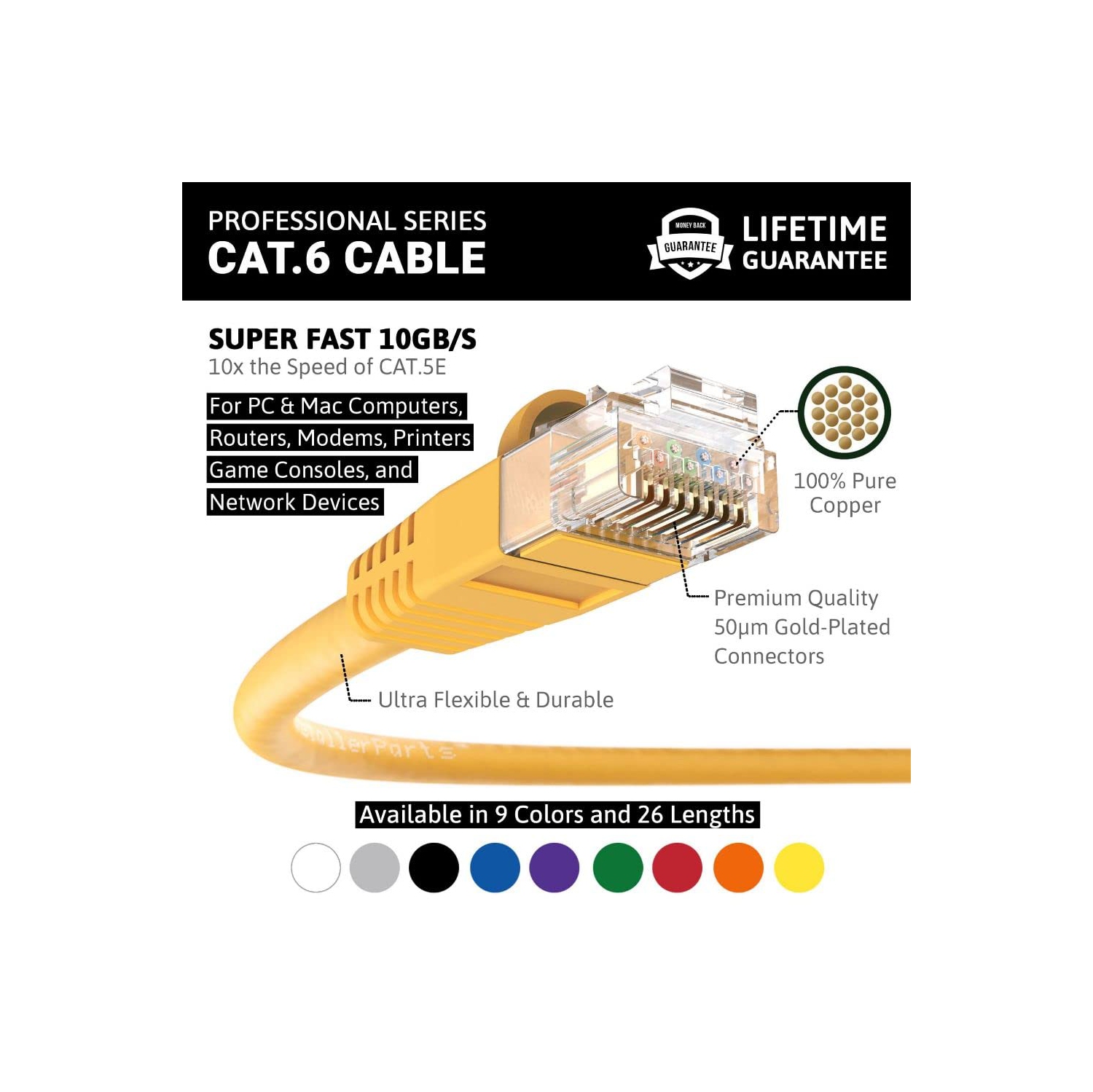 (10 Pack) Ethernet Cable CAT6 Cable UTP Booted 2 FT - Yellow - Professional Series - 10Gigabit/Sec