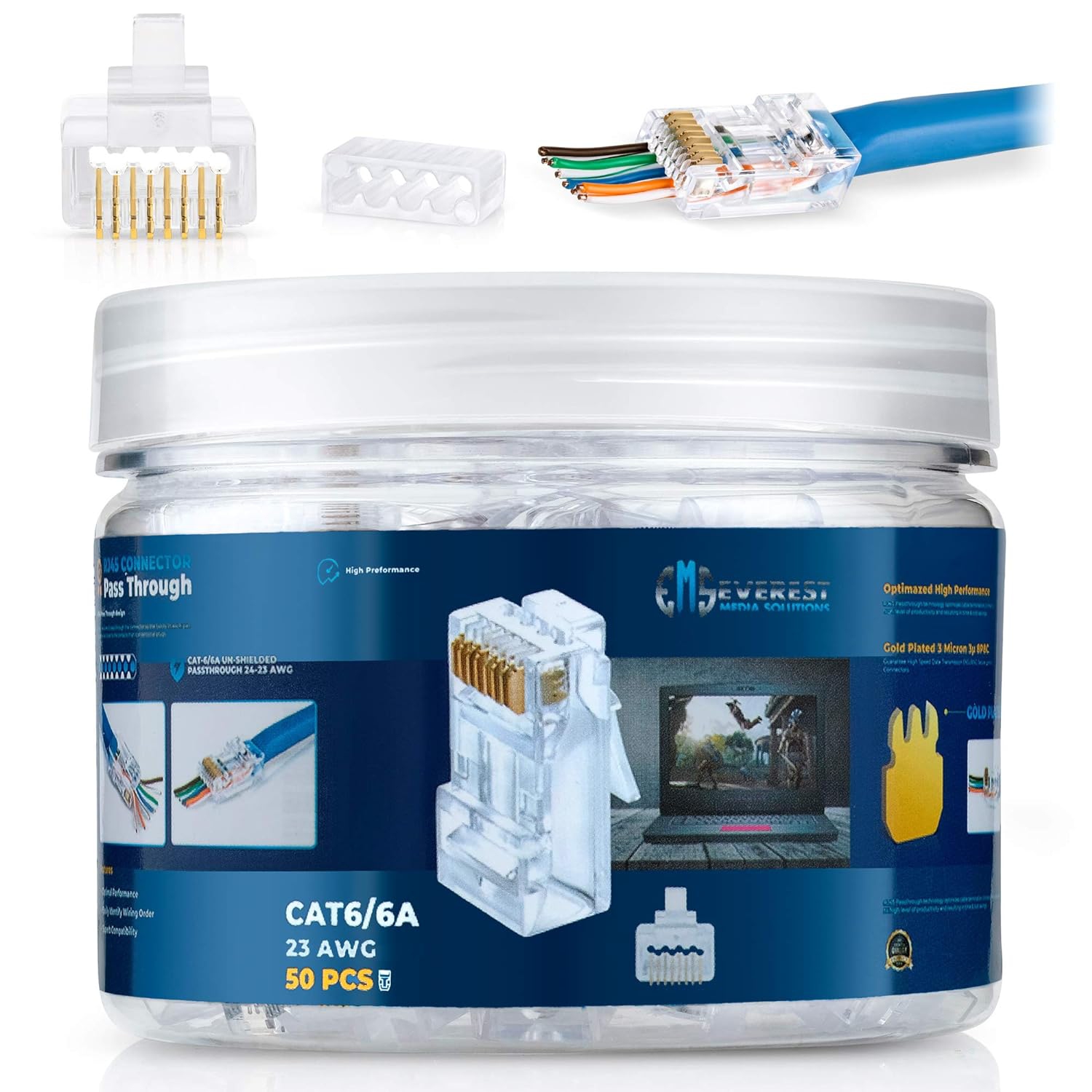 tions RJ45 Cat6/6a Pass Through Connectors for a Thick 23 AWG Large Diameter UTP Network Cable, 50