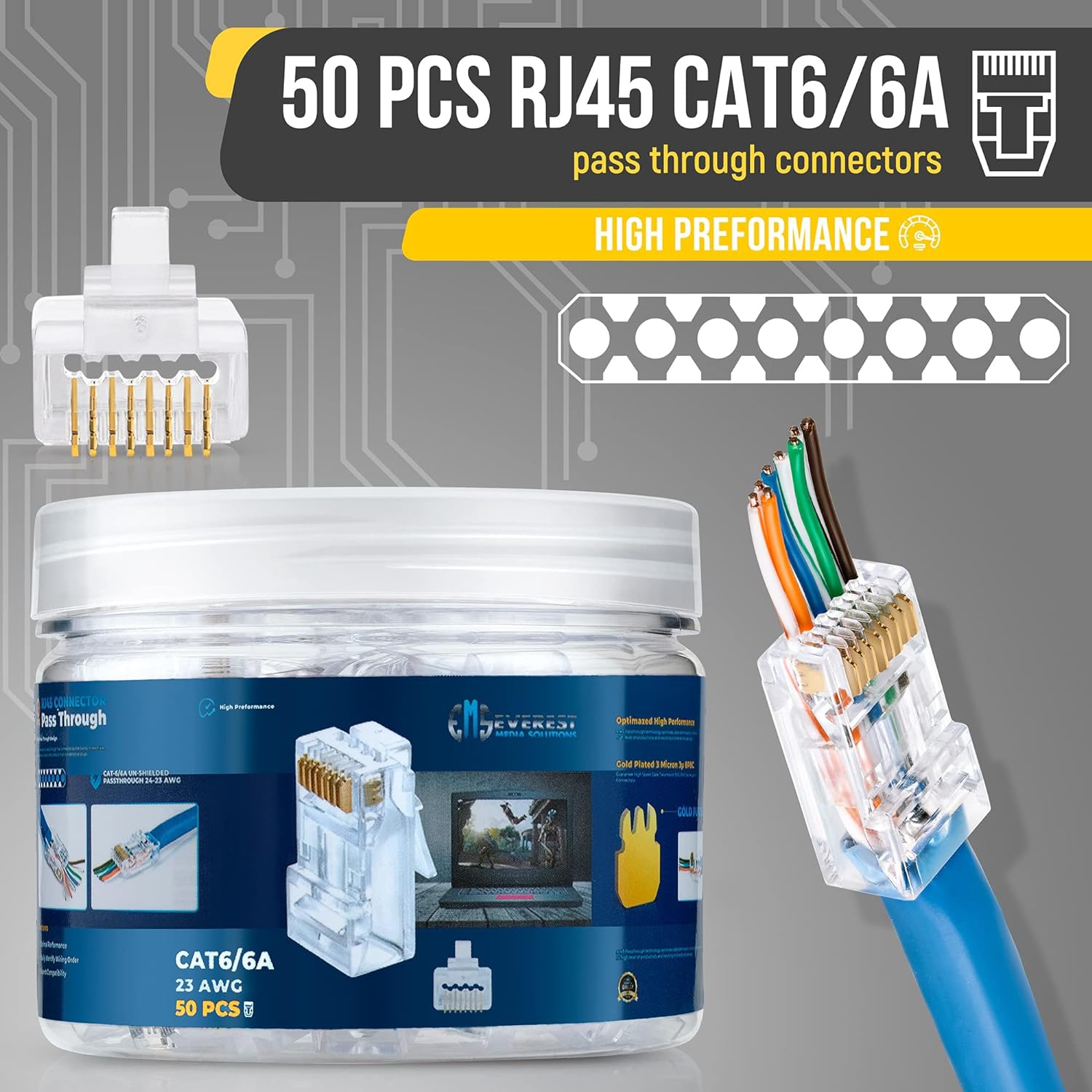 tions RJ45 Cat6/6a Pass Through Connectors for a Thick 23 AWG Large Diameter UTP Network Cable, 50