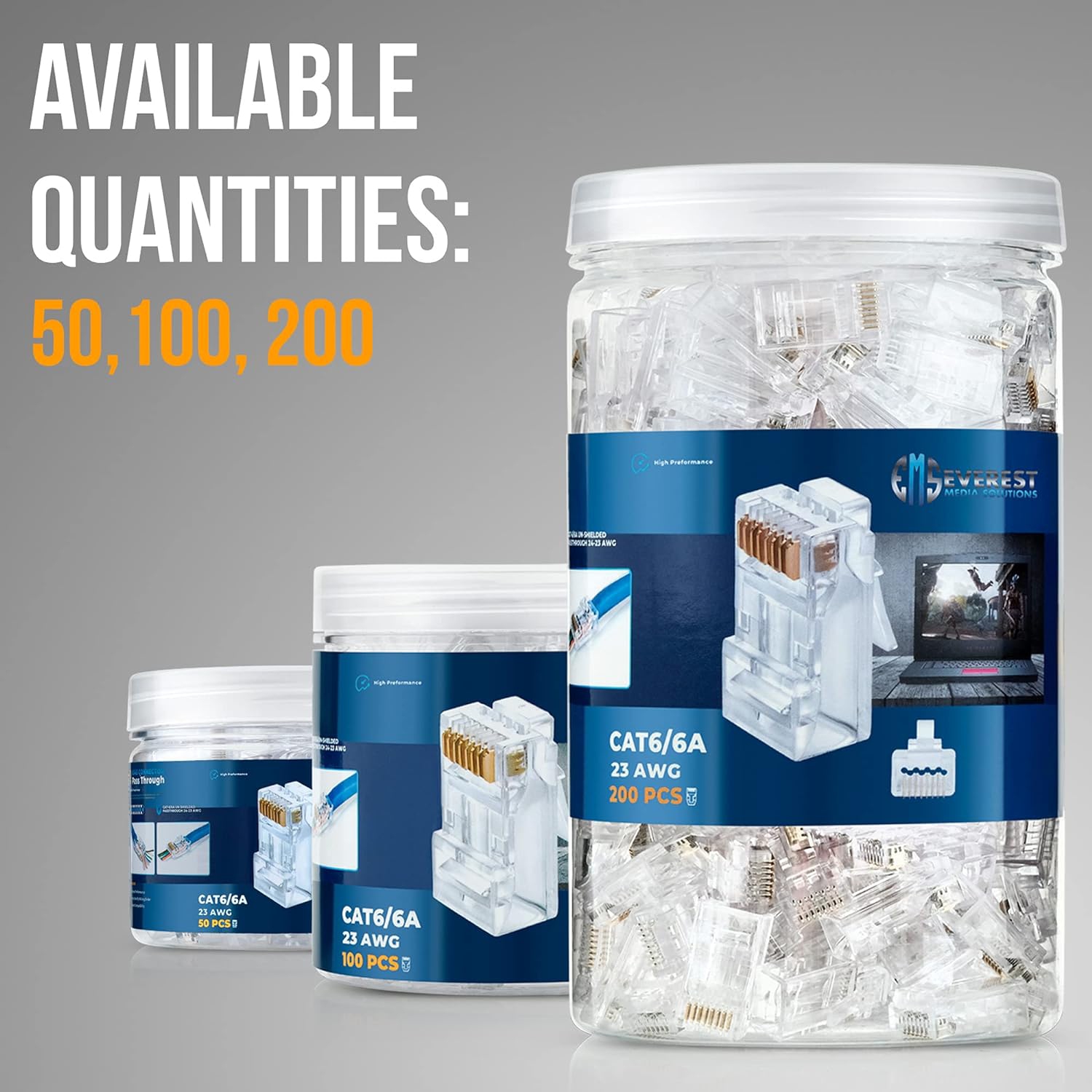 tions RJ45 Cat6/6a Pass Through Connectors for a Thick 23 AWG Large Diameter UTP Network Cable, 50