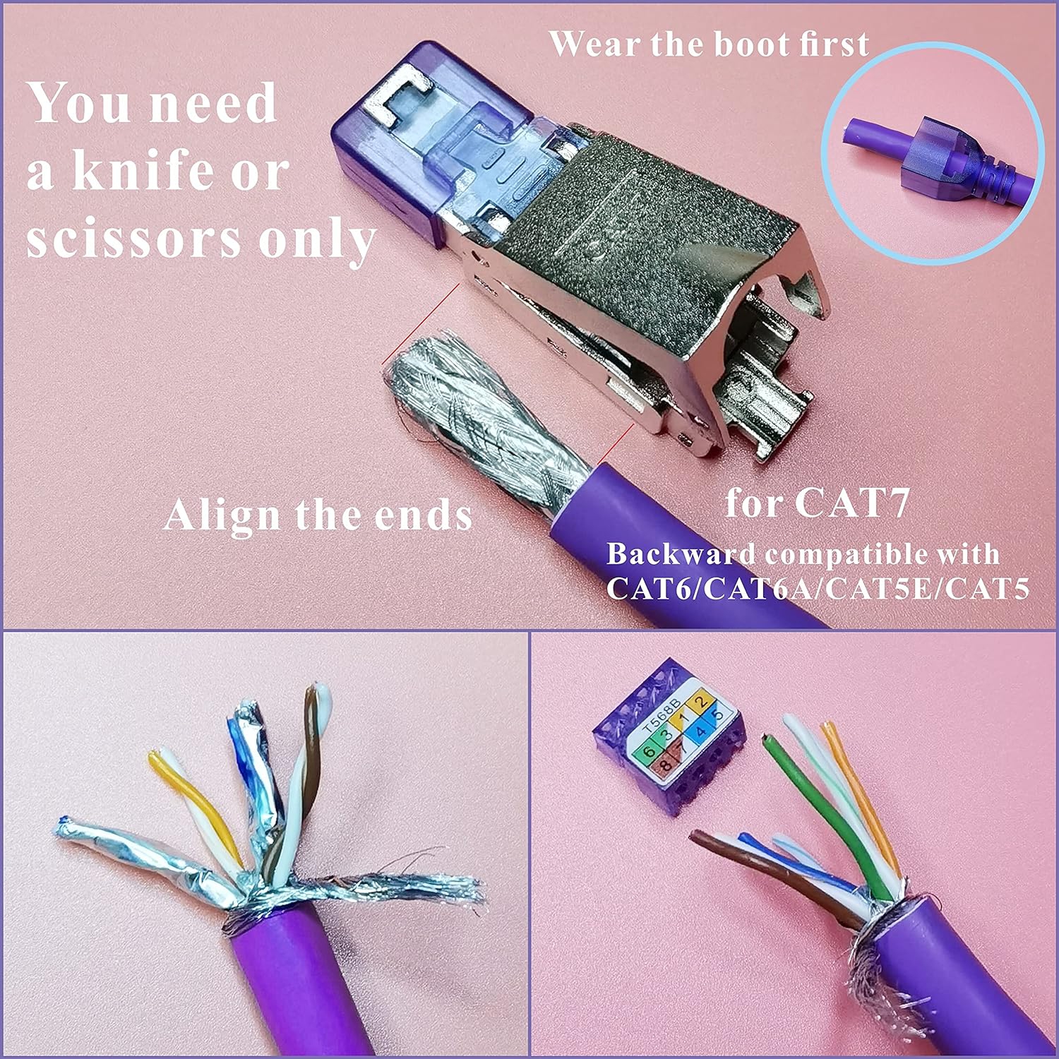 CAT7 connecteurs Ethernet RJ45, pointe blindée sans outil vers le bas du câble réseau CATC 6 A/CAT6/CAT5E/CAT5, sans sertir mâle