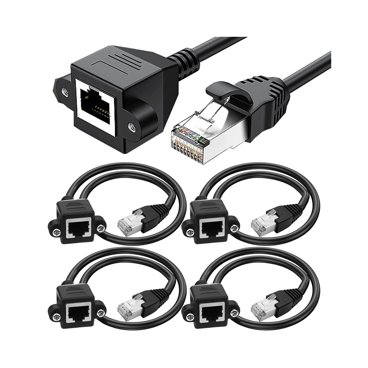 4 Pack Ethernet Extension Cable, CAT6 LAN RJ45 Network Patch Cord Male to Female Screw Panel Mount for Router