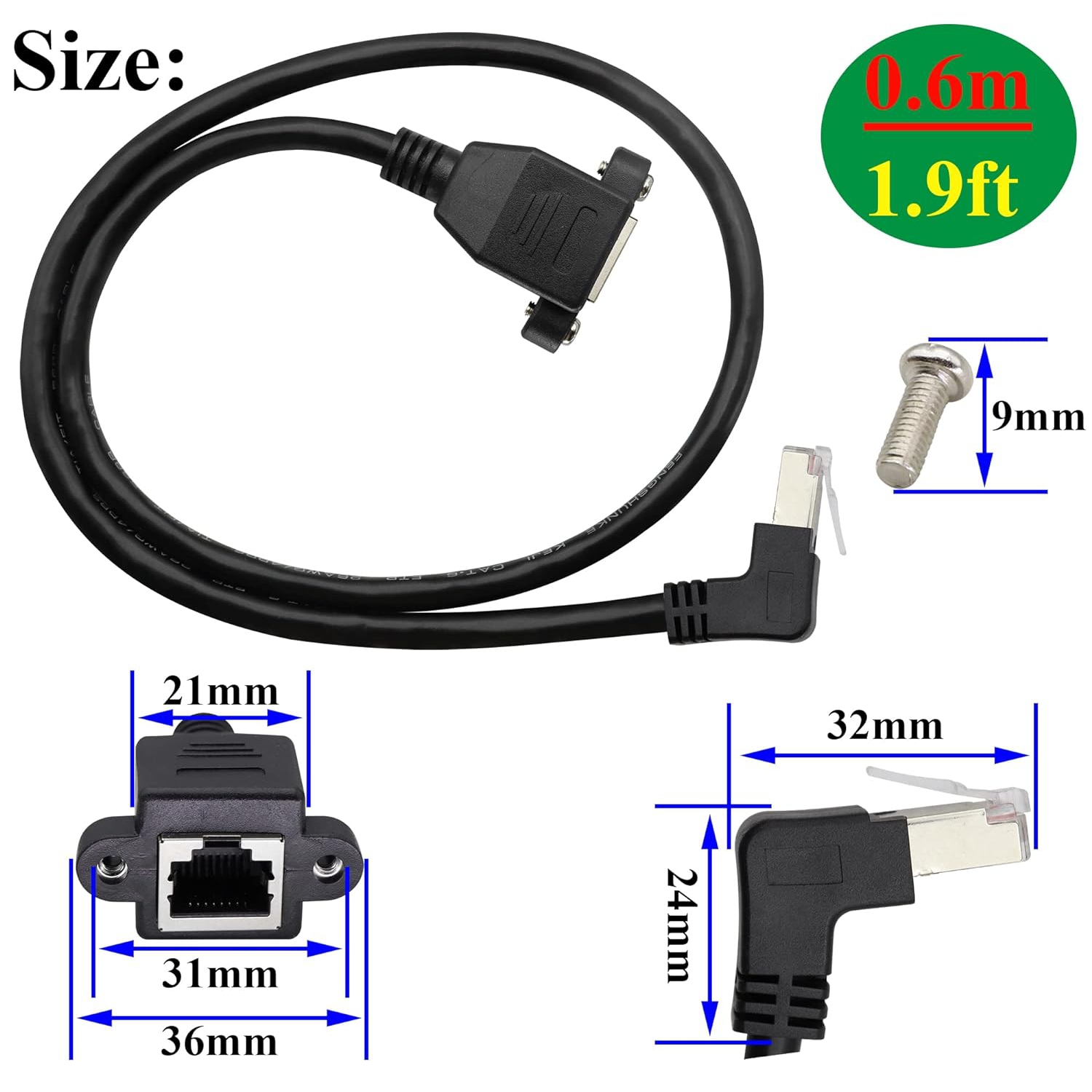 Cat 6 RJ45 90 Degree Male to Female Shielded Ethernet Network Connector Screw Panel Mount Extension Cable,