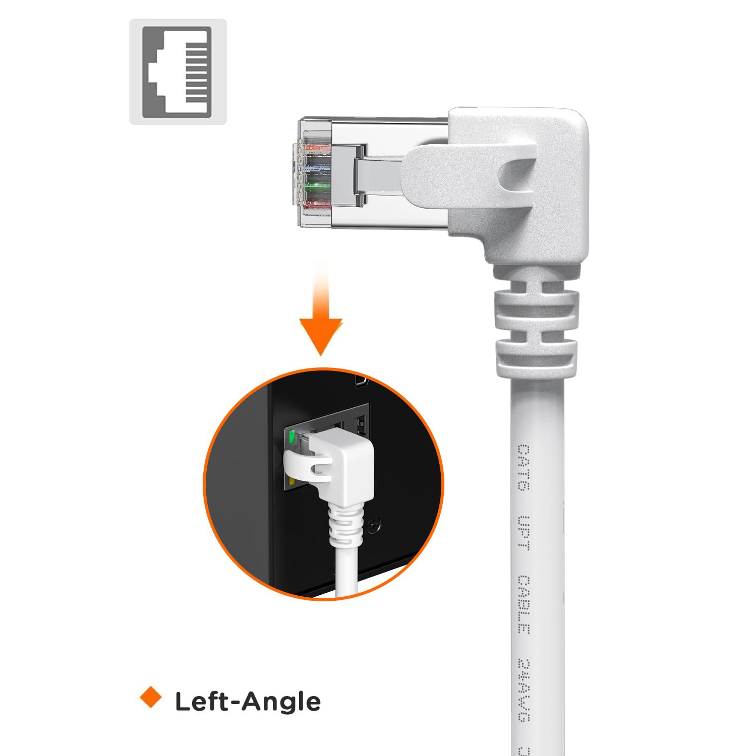 90 Degree Ethernet Cable Leftward White 3ft, Right Angle CAT 6 Ethernet Patch Cable LeftAngle Gigabit Network