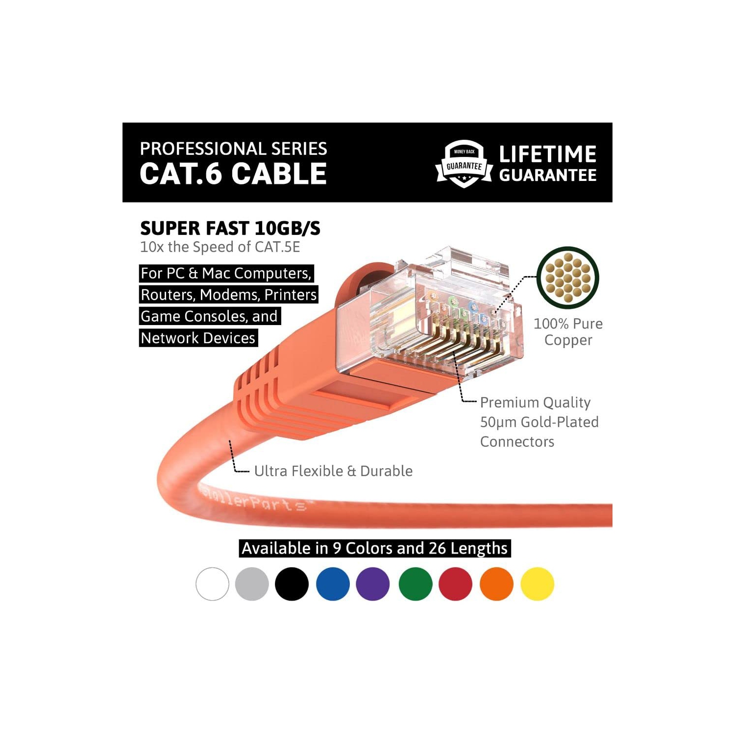 (10 Pack) Ethernet Cable CAT6 Cable UTP Booted 1.5 FT - Orange - Professional Series - 10Gigabit/Sec