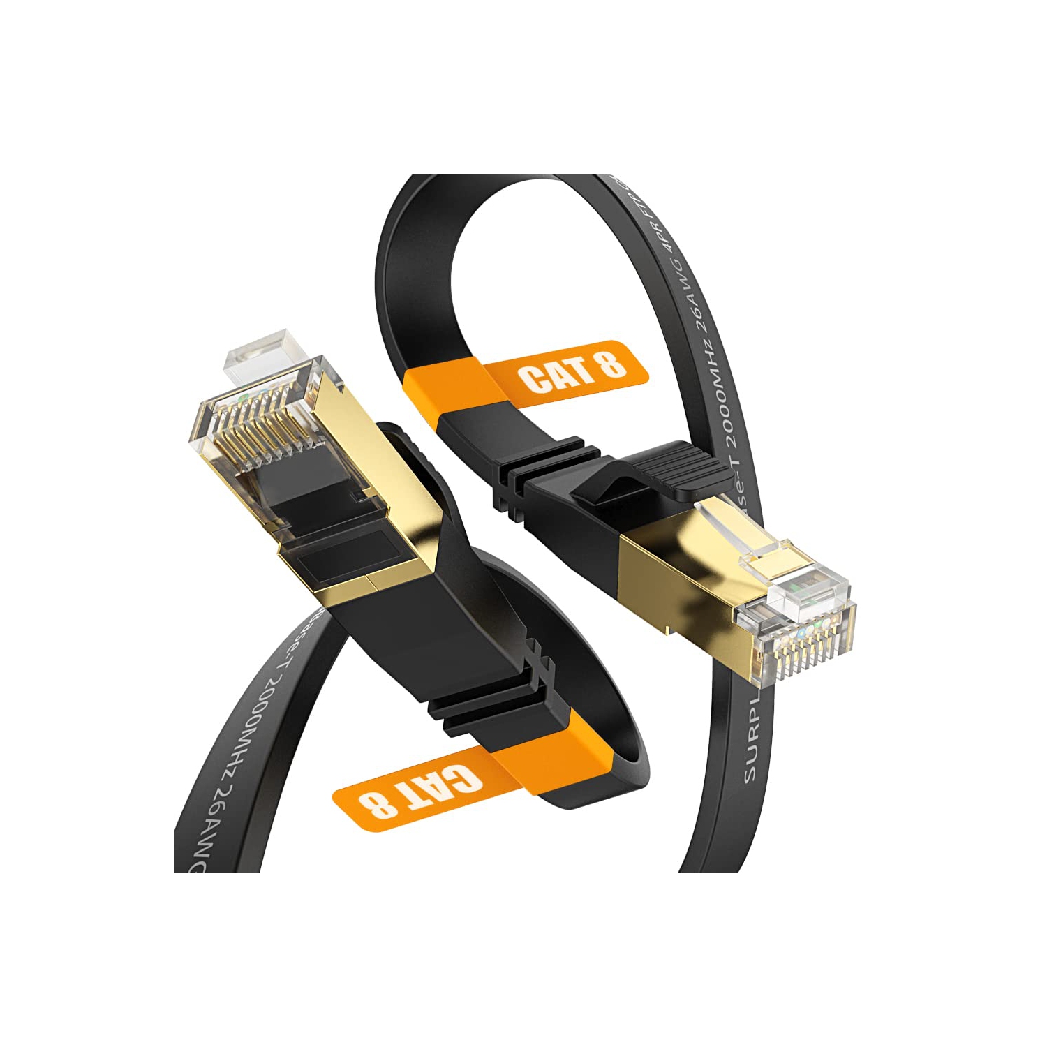 Cat8 Ethernet Cable 10FT-Black-40Gbps Solid Conductor & Shielded & Ground Wire Internet Network Flat Cord,Gold-Plated