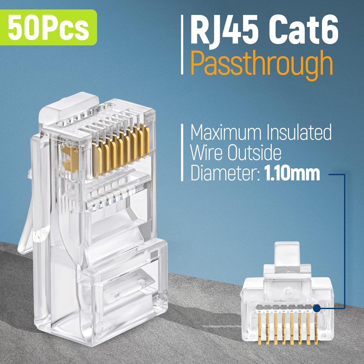RJ45 Cat6 Pass Through Connectors, Pack of 50 | Modular Plug for Solid or Stranded UTP Network Cable | Male