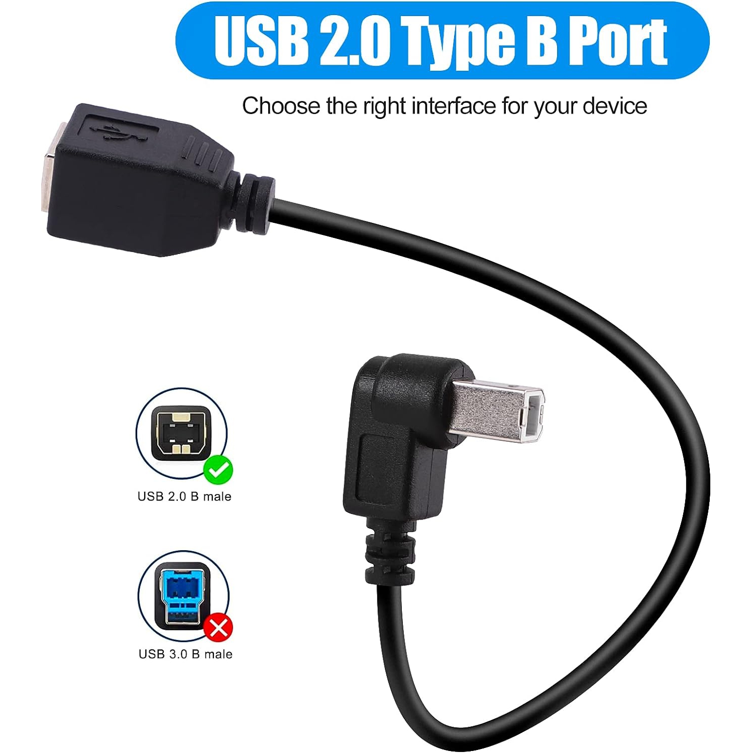 Haiker USB 2.0 B Female to Right Angle B Male Printer Short Extension Cable Adapter