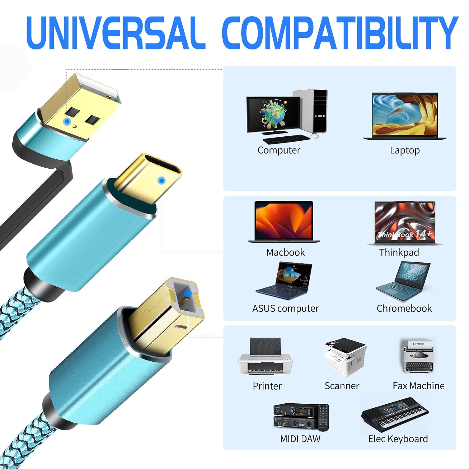 USB C Printer Cable 10ft, USB B to USB C Printer Cable, USB C MIDI Cable-Blue
