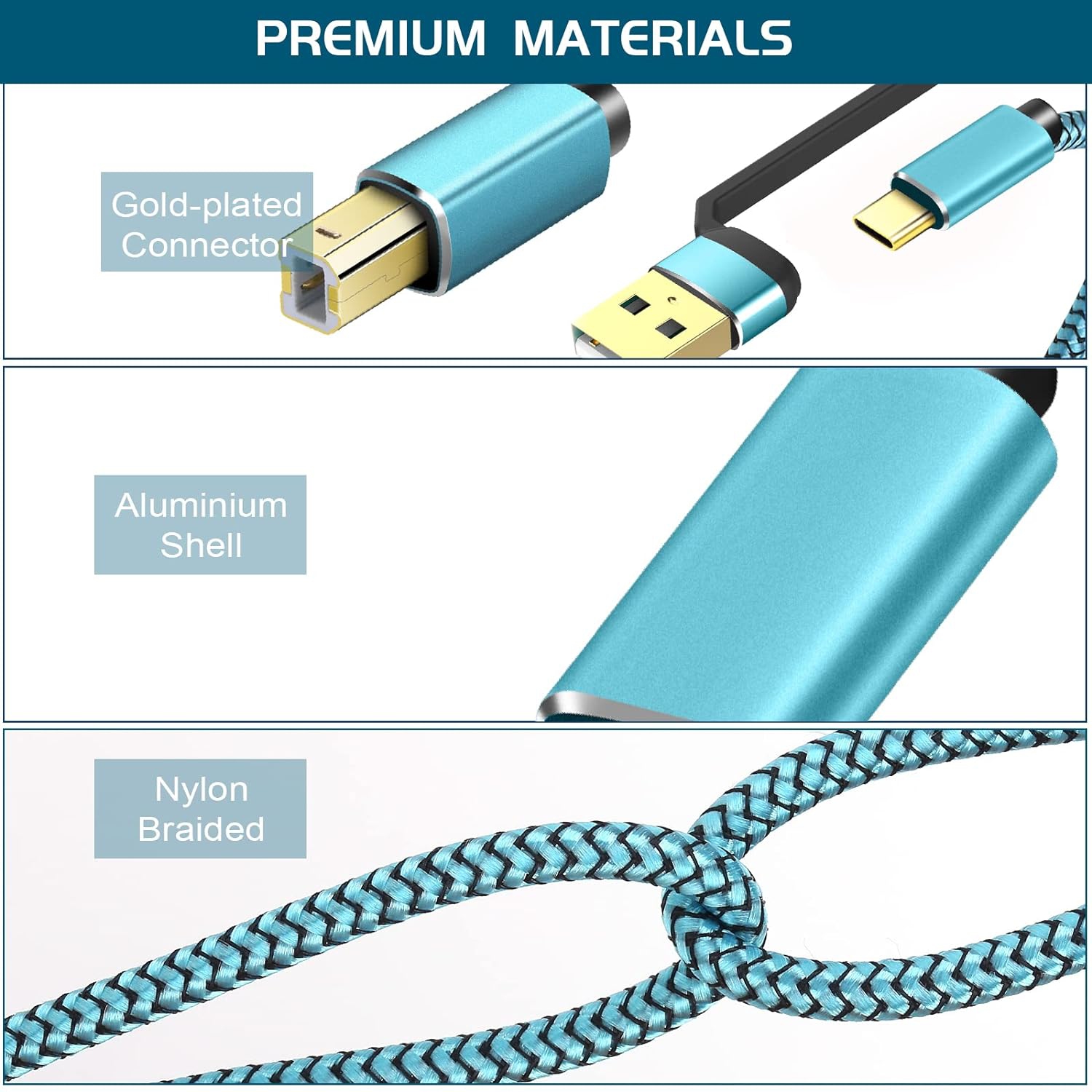 USB C Printer Cable 10ft, USB B to USB C Printer Cable, USB C MIDI Cable-Blue