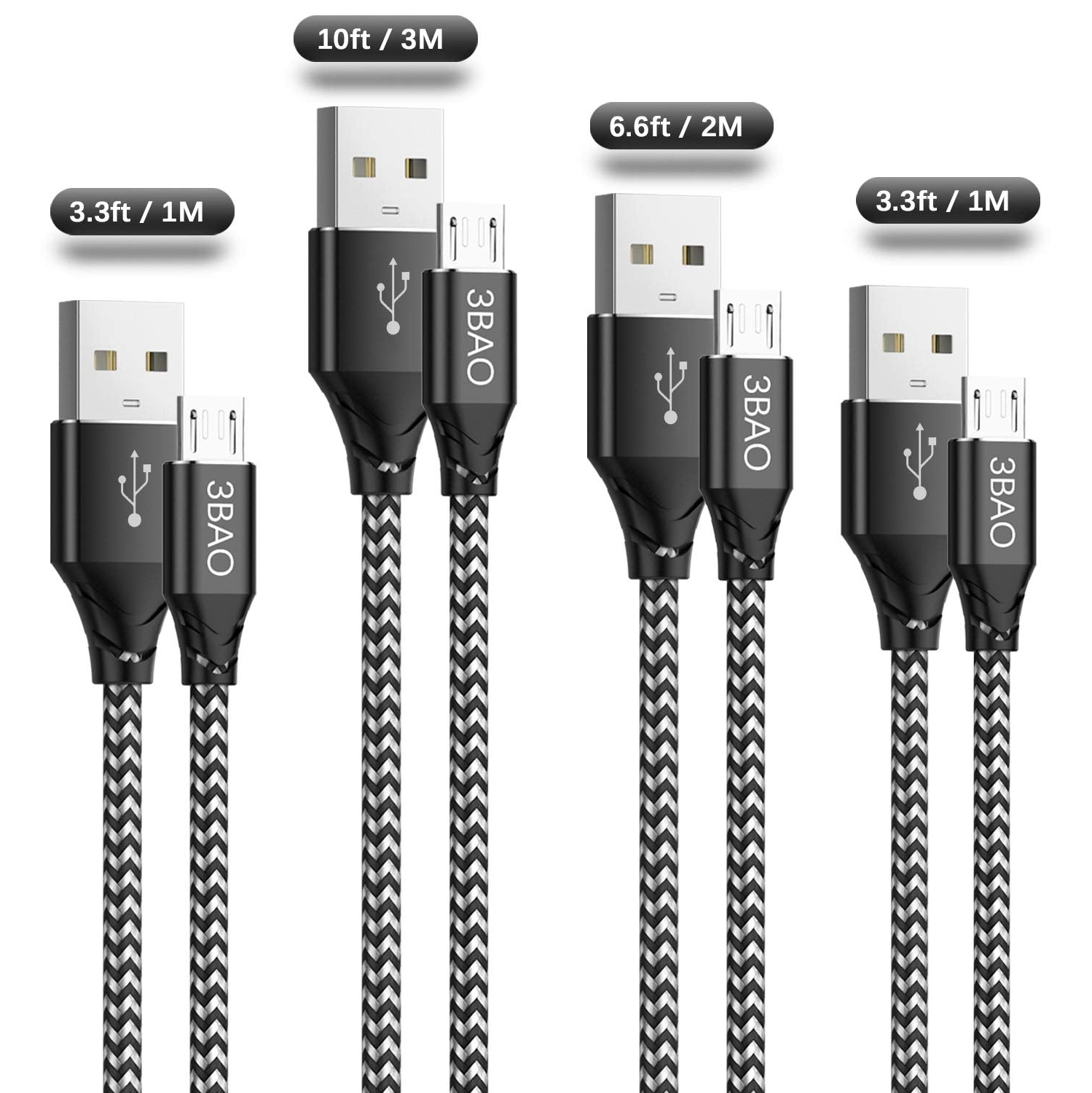 Micro USB Cable [4Pack 2X3.3ft 6.6ft 10ft] USB A to Micro Charging Cable Braided Android Charger Cord Data Sync