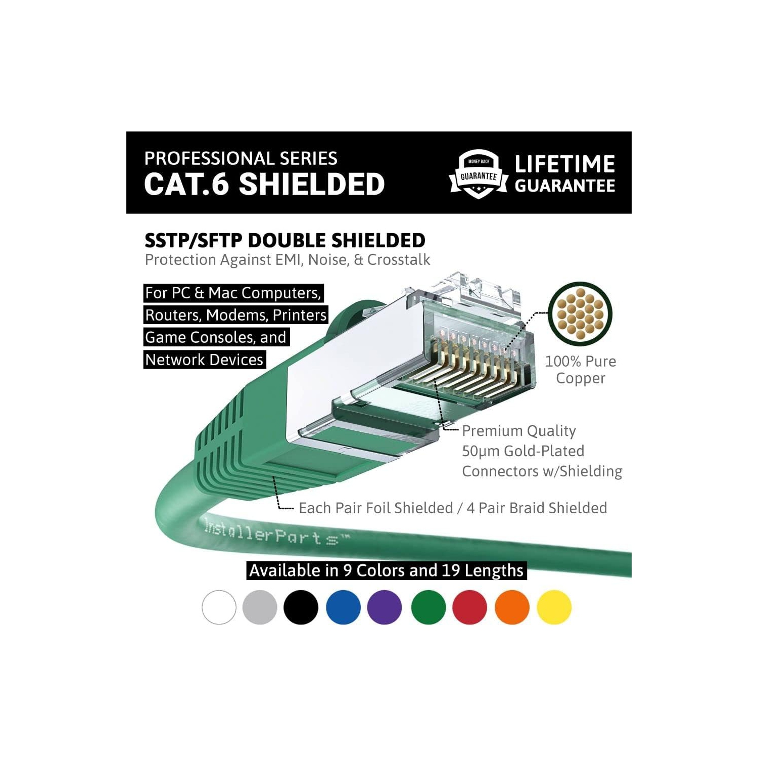 15 Ft Cat 6 Shielded Patch Cable Molded Green - Professional Series - 50 Micron Gold Plated RJ45