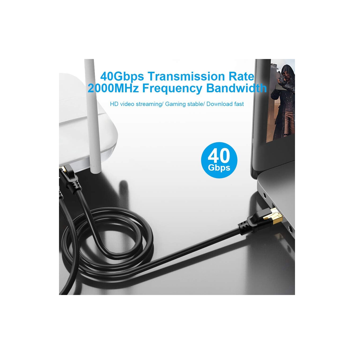 CAT 8 Ethernet Cable, 25ft High Speed Network Cable 40Gbps 2000MHz 26AWG SFTP LAN Internet Cable CAT8 with Gold Plated