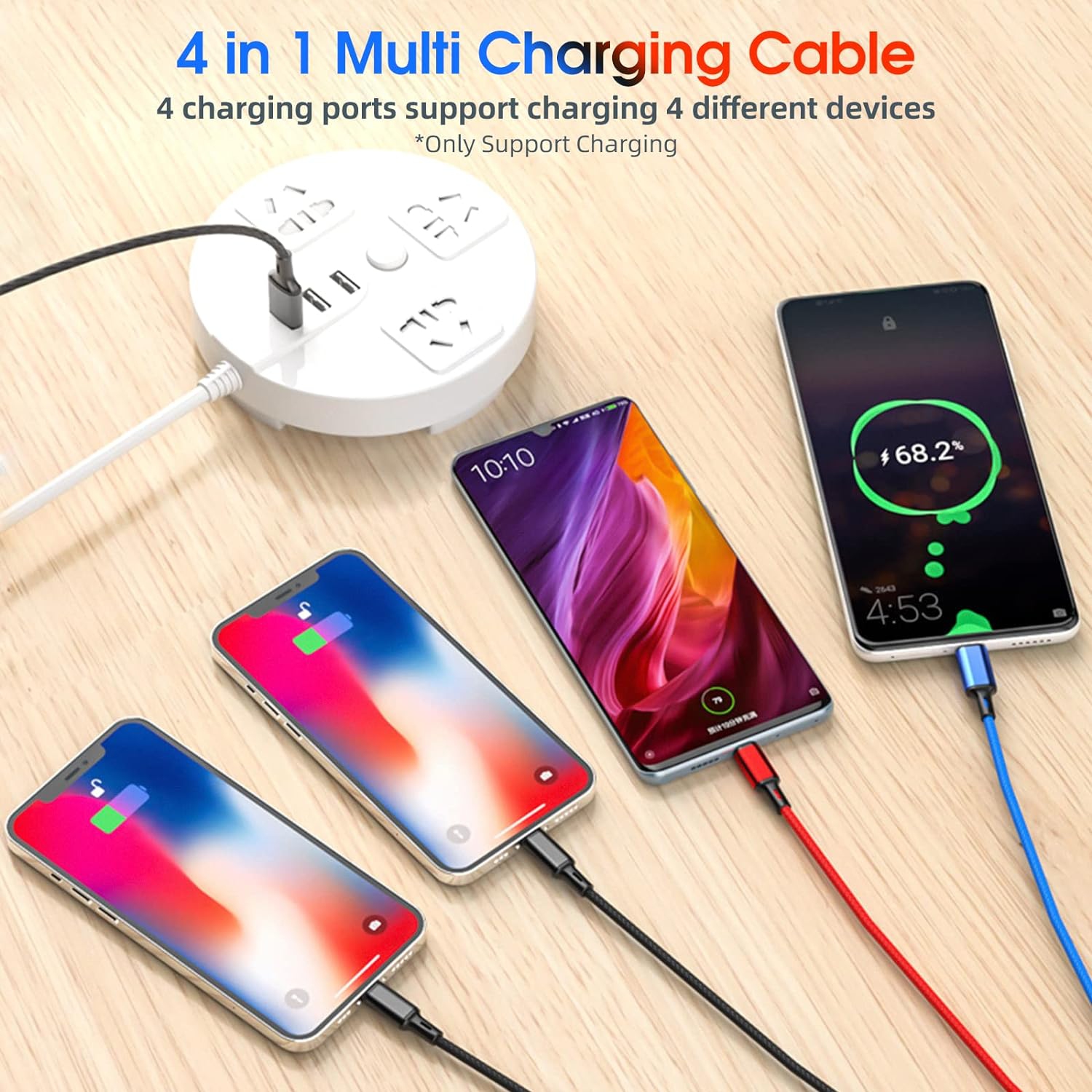 Câble de chargement multiple multi-chargeur 4-en-1 [2Pack-4FT] Câble de chargement tressé en nylon à plusieurs ports USB pour téléphone rapide