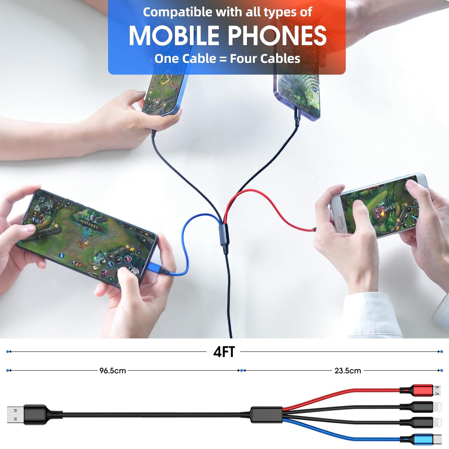 Câble de chargement multiple multi-chargeur 4-en-1 [2Pack-4FT] Câble de chargement tressé en nylon à plusieurs ports USB pour téléphone rapide