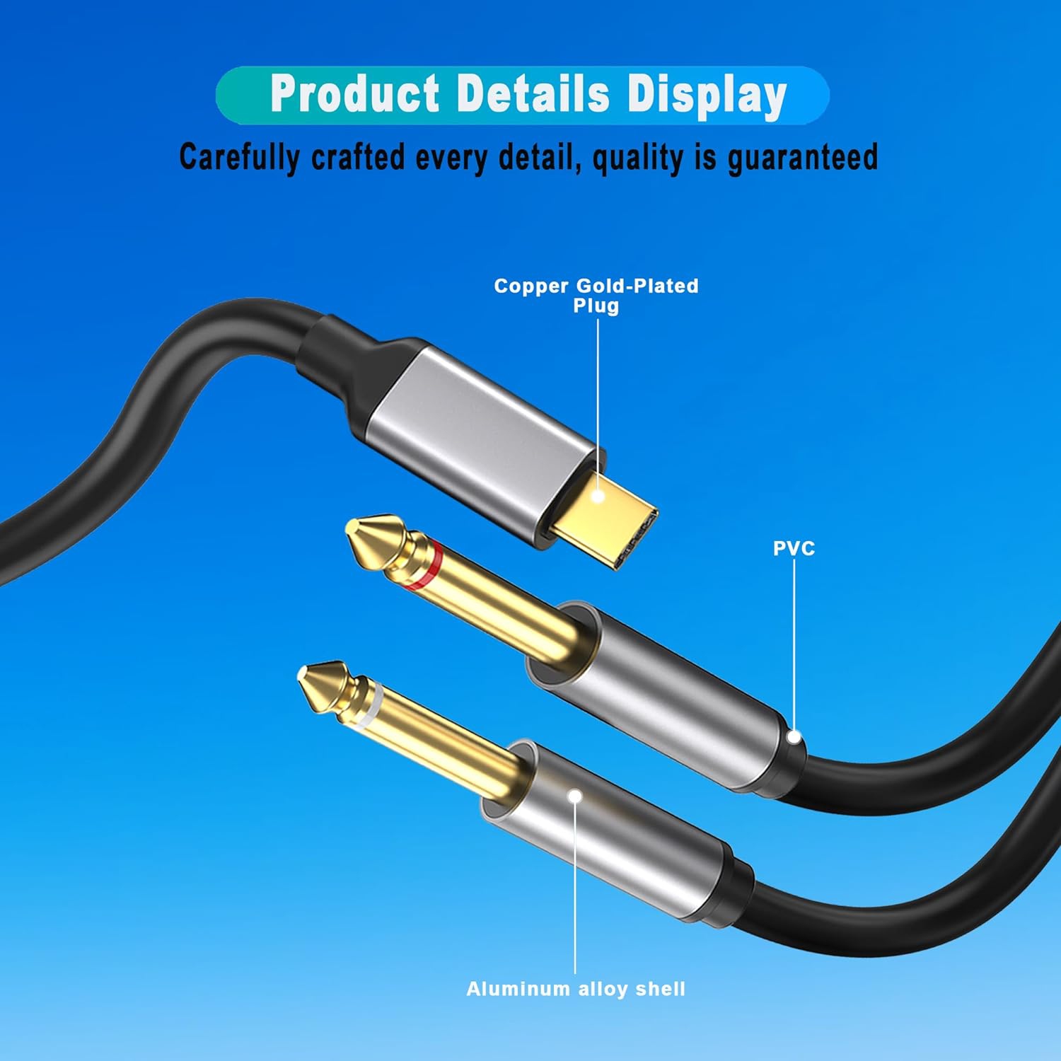 Câble répartiteur stéréo USB-C à double 6,35&nbsp;mm 1/4&nbsp;po en y de 6,6 pi, USB-C à double 6,35&nbsp;mm 1/4&nbsp;po TS Audio