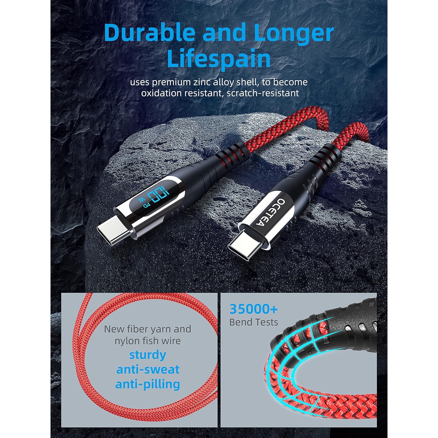 USB C to USB C Cable, 1ft USB C Cable with LED Display, New Nylon Type C Charger Cable Fast Charging