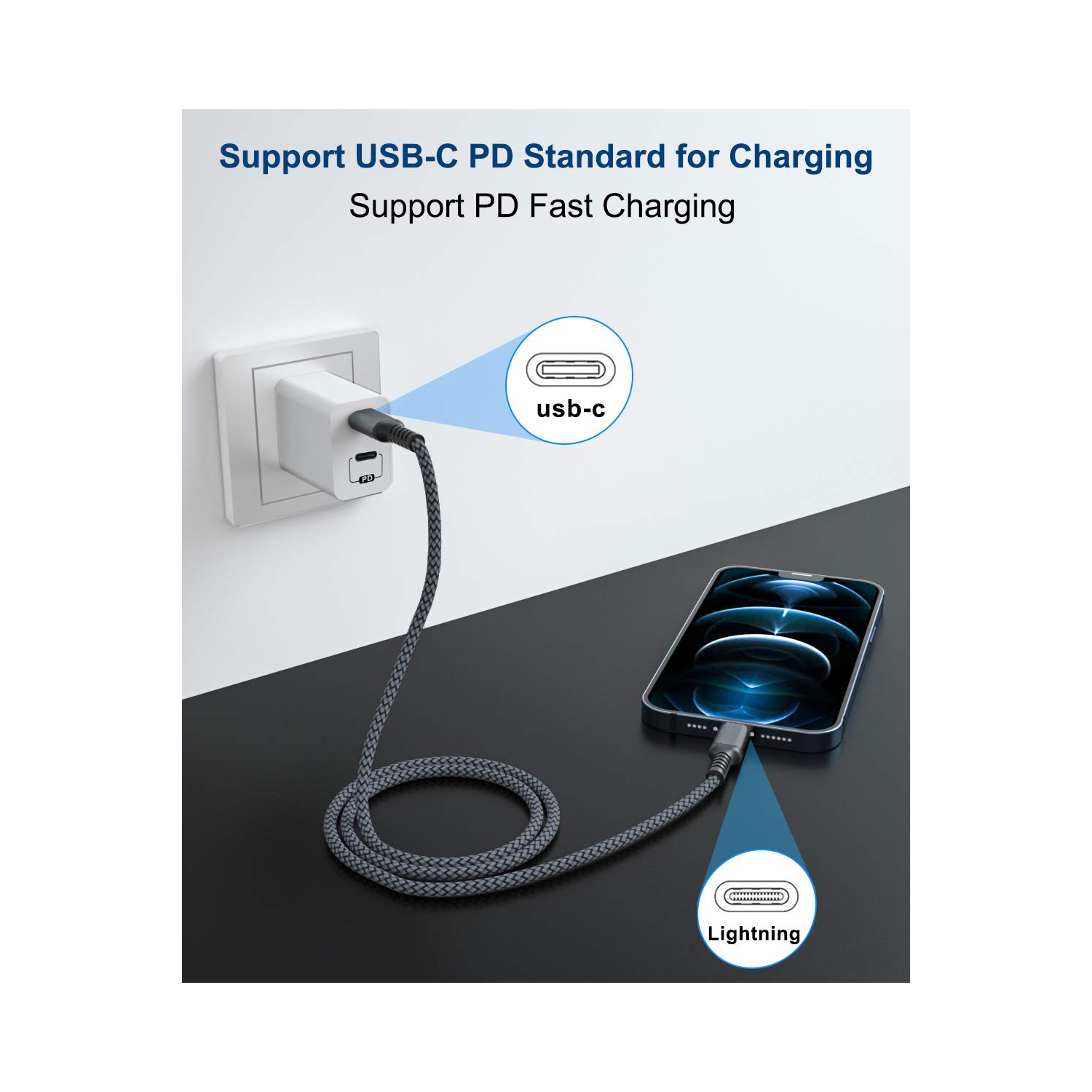 Câble de chargement USB-C vers Lightning 10&nbsp;pi avec adaptateur USB-A, câble de chargement rapide certifié MFI de type C PD d'Apple