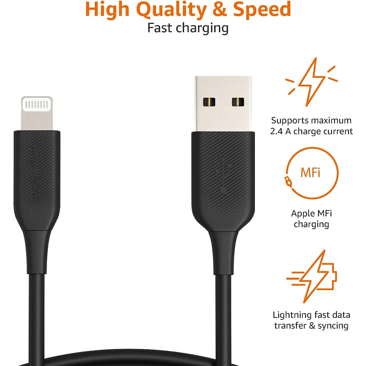 ABS USB-A to Lightning Cable Cord, MFi Certified Charger for Apple iPhone, iPad, Black, 3-Ft, 2-Pack