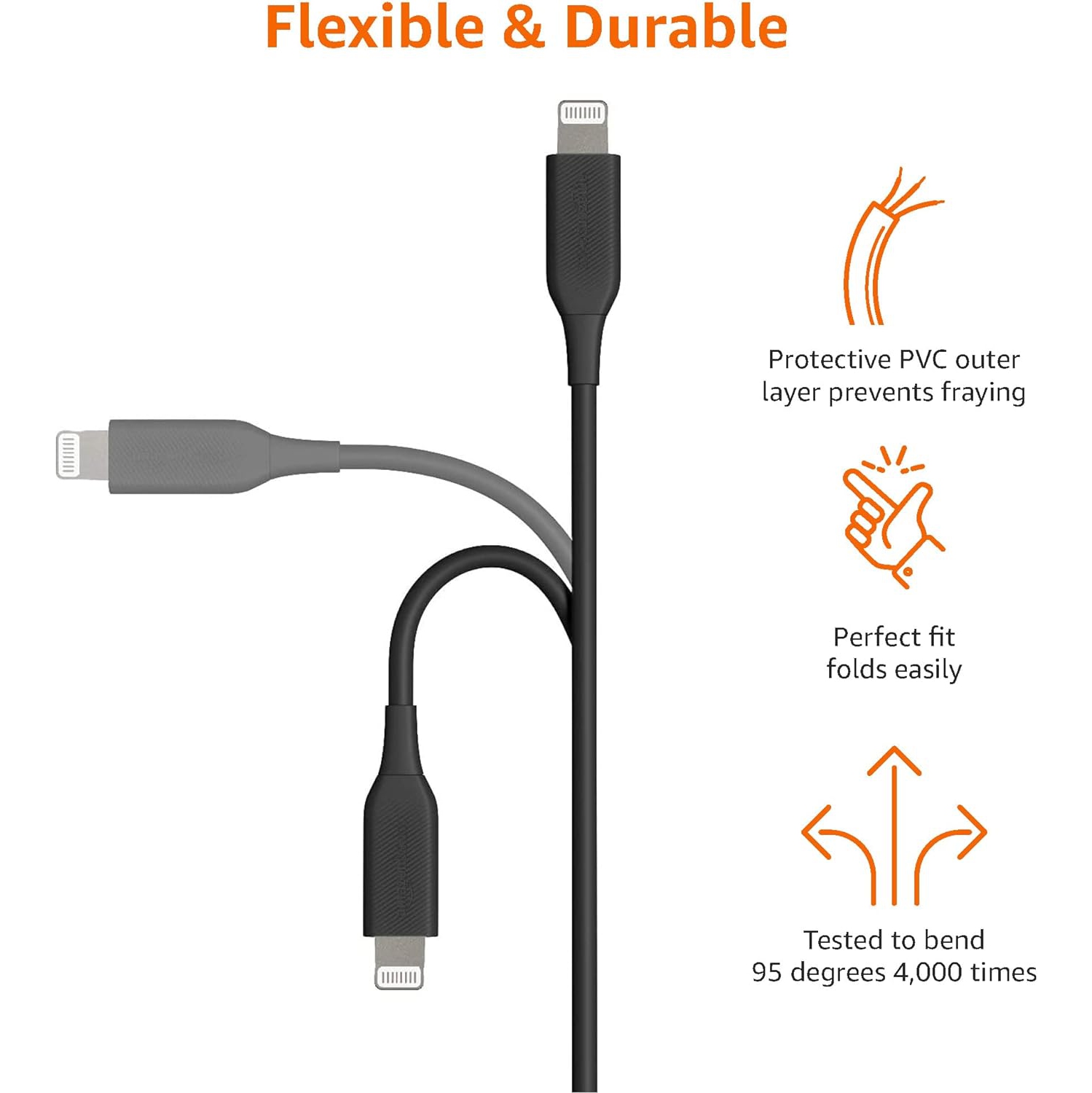 ABS USB-A to Lightning Cable Cord, MFi Certified Charger for Apple iPhone, iPad, Black, 3-Ft, 2-Pack