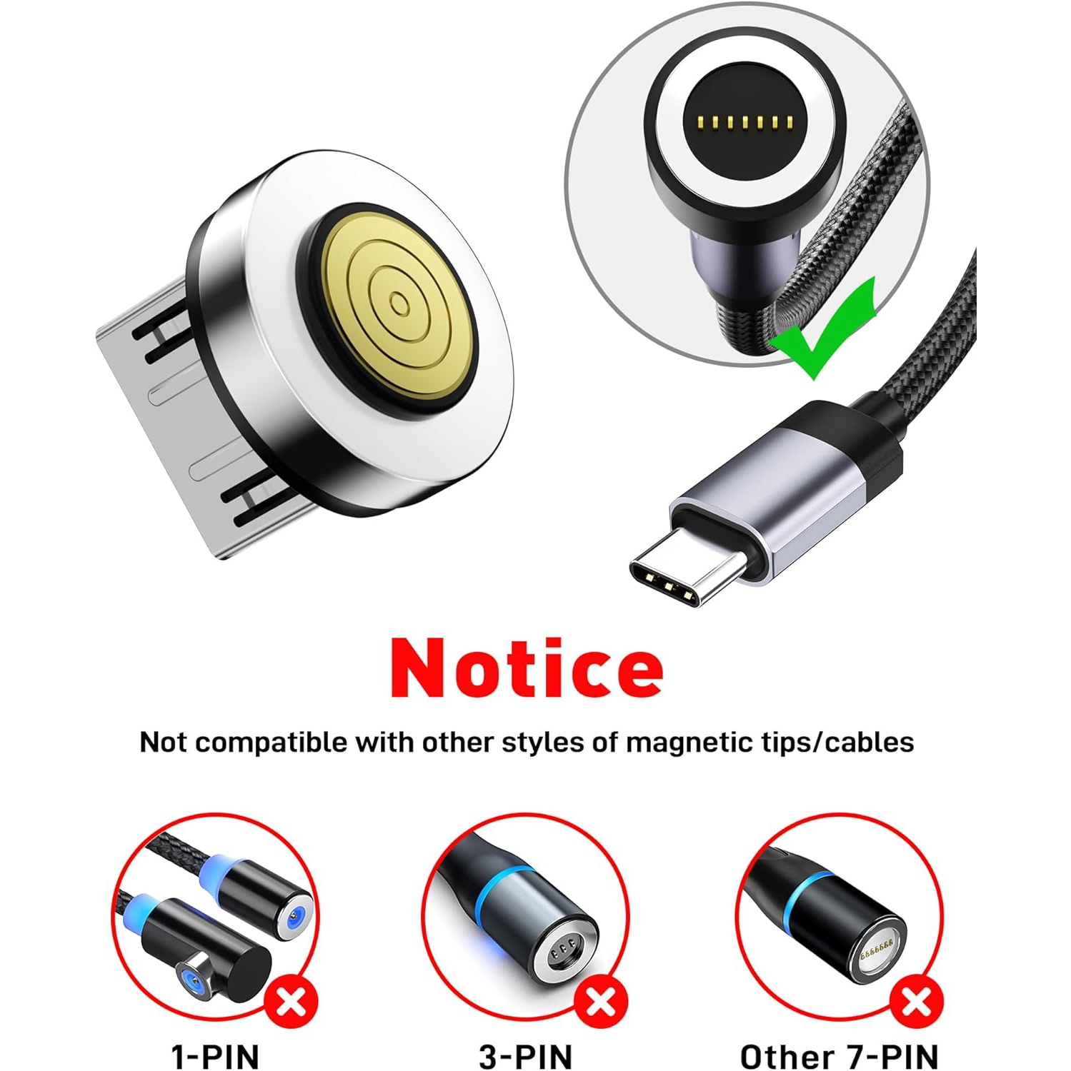 Magnetic Connector Tips Head for Android Devices, 360° Rotating 7-Pin Magnetic Phone Cable Adapter