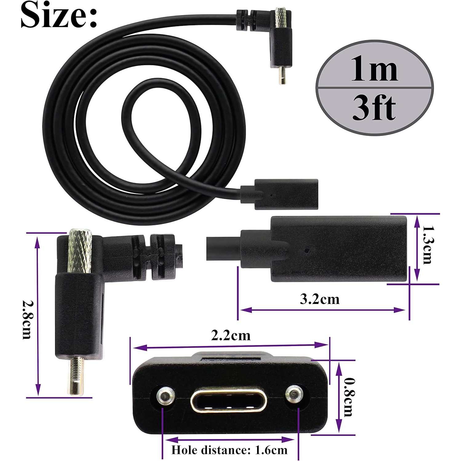 Up&Down Angle USB 3.1 Type C Panel Mount Cable Gen 2 90 Degree Type C 3.1 Female to Male Panel Mount