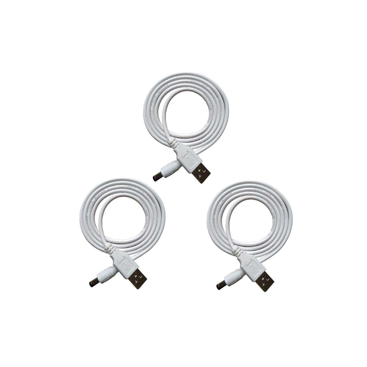 3 câbles de rallonge USB vers c.c. - 5&nbsp;V USB 2,0 mâle vers DC 5&nbsp;V mâle 5,5&nbsp;mm x 2,1&nbsp;mm cordon d’alimentation blanc