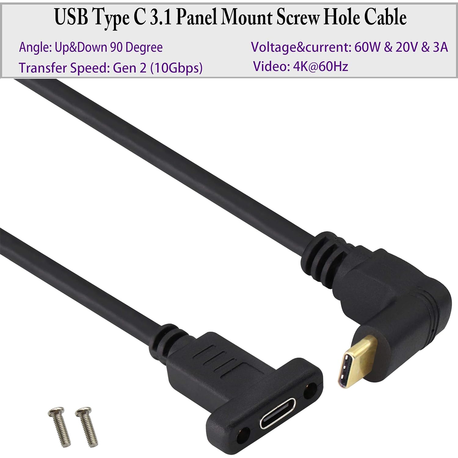 90 Degree USB 3.1 Type C Panel Mount Cable Gen 2 Up&Down Angle Type C 3.1 Female Panel Mount to Male