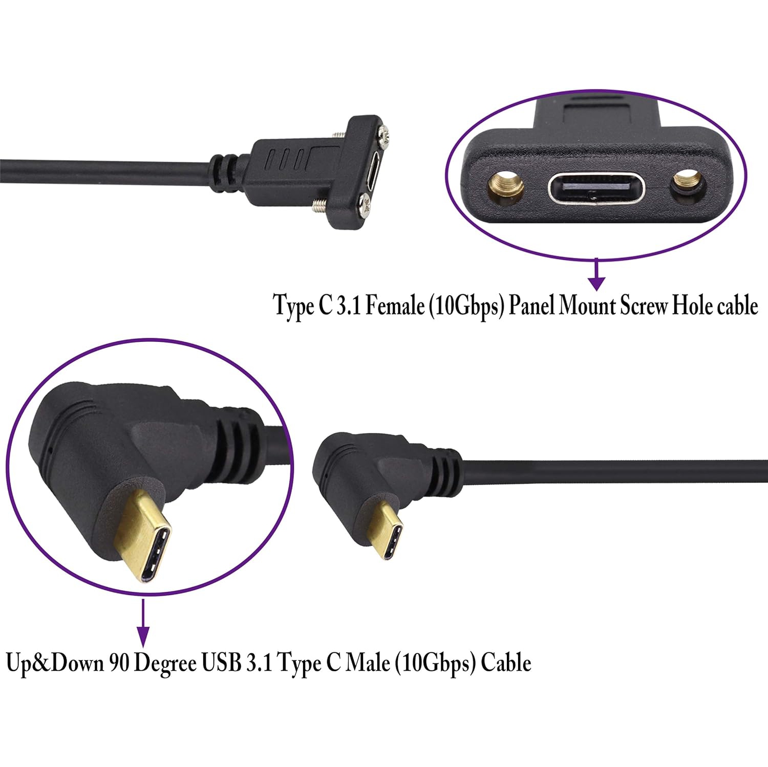 90 Degree USB 3.1 Type C Panel Mount Cable Gen 2 Up&Down Angle Type C 3.1 Female Panel Mount to Male