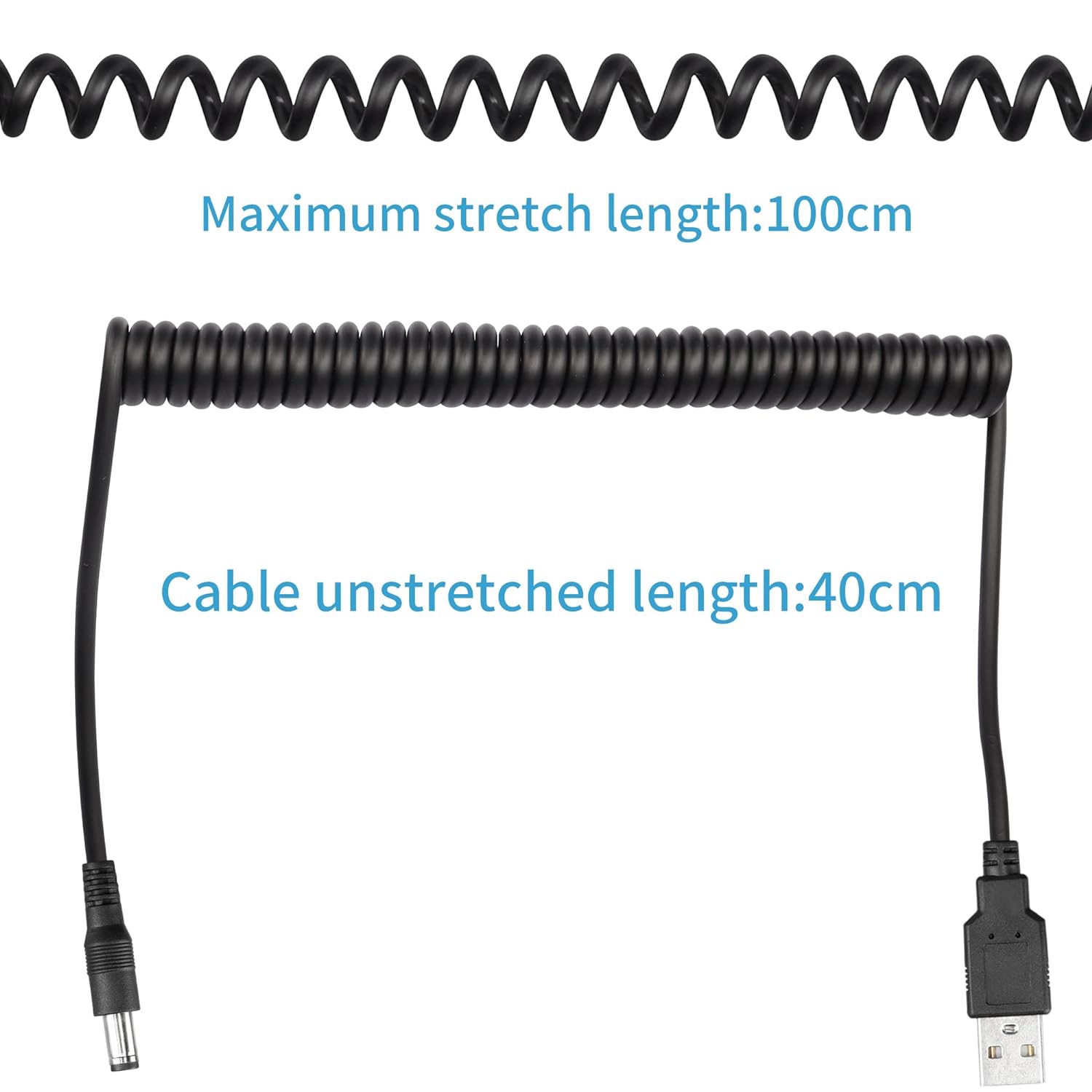 5 V – Câble d’alimentation c.c. spiralé, USB à c.c. 5,5 mm x câble de chargement à ressort 2,1 mm pour lampes USB, ventilateurs USB,