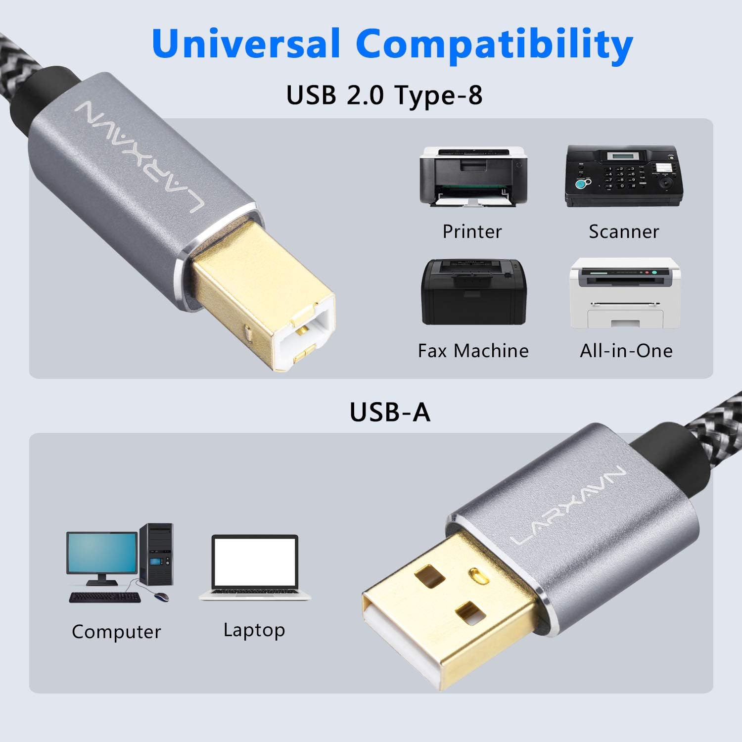 Câble d'imprimante, câble d'imprimante USB Larxavn 25&nbsp;pi USB 2,0 type A mâle vers B mâle, câble de numériseur USB B câble haute vitesse pour HP,